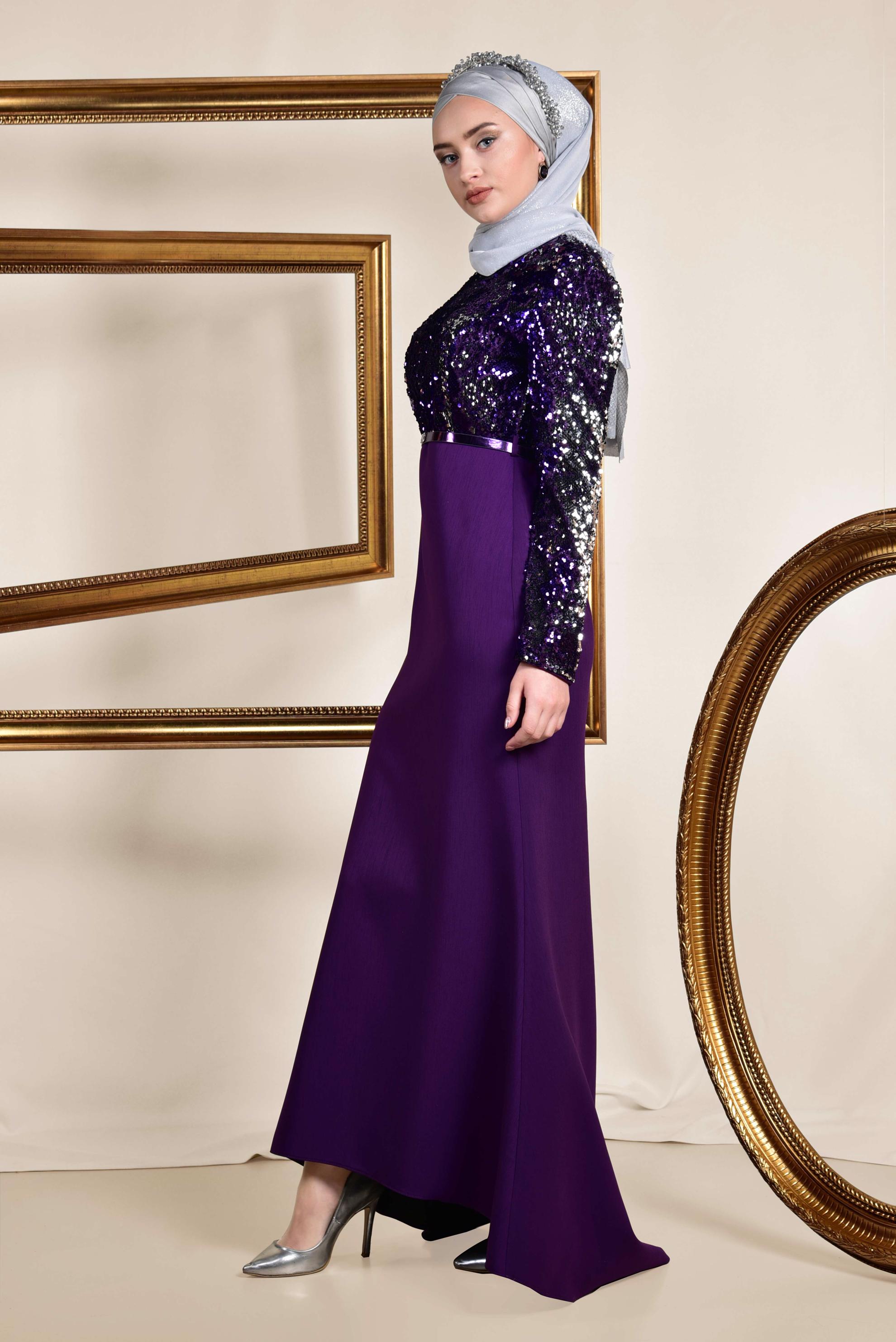 Tesettür giyim MOR PUL PAYET İŞLEMELİ ABİYE ELBİSE 5589 