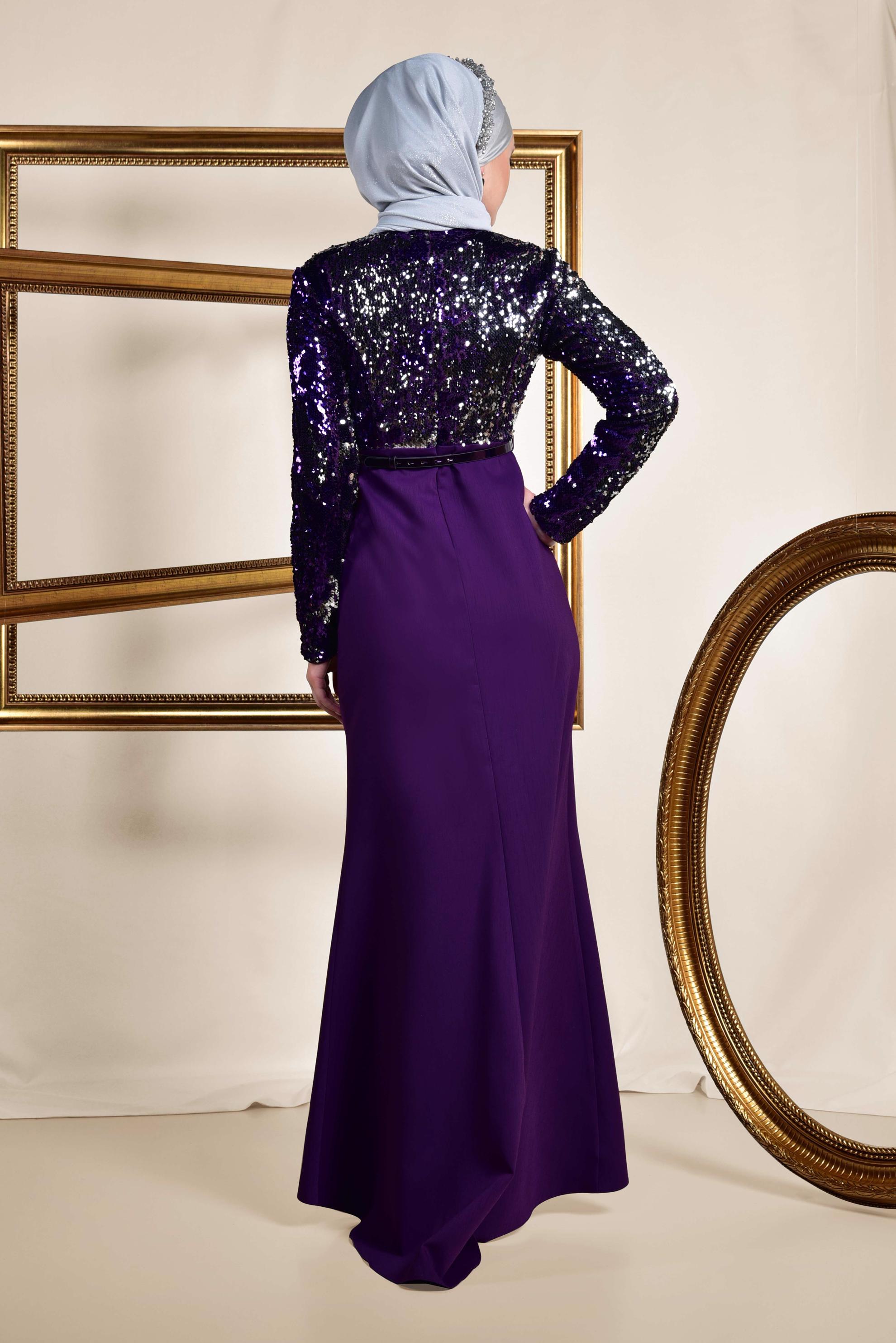 Tesettür giyim MOR PUL PAYET İŞLEMELİ ABİYE ELBİSE 5589 