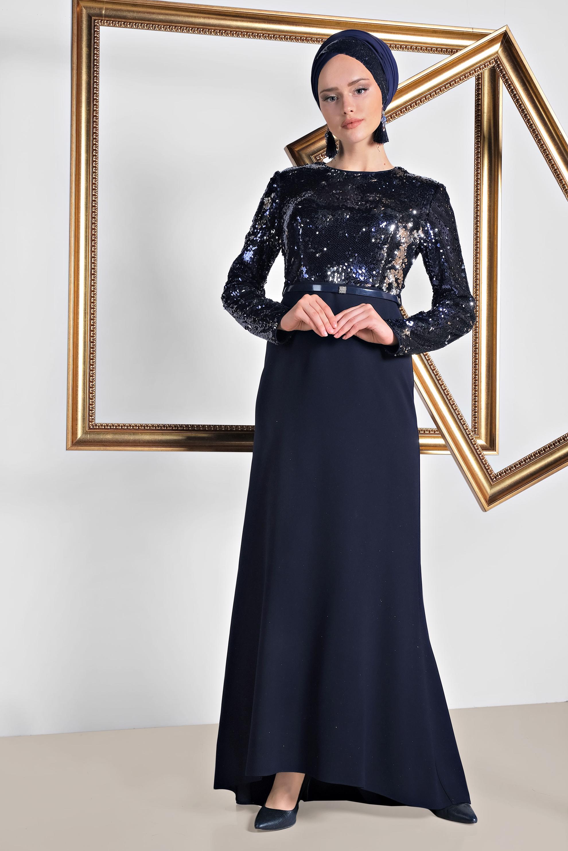 Tesettür giyim LACİVERT PUL PAYET İŞLEMELİ ABİYE ELBİSE 5589 