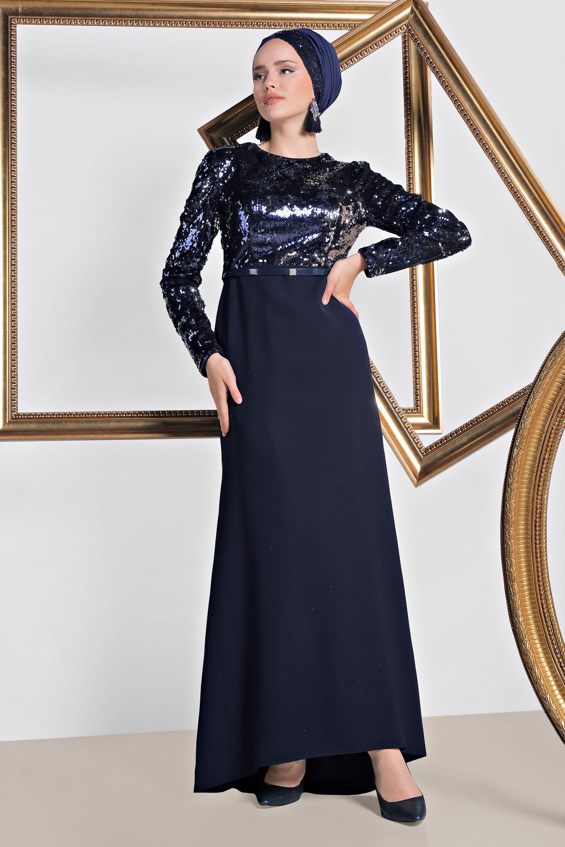 Tesettür giyim LACİVERT PUL PAYET İŞLEMELİ ABİYE ELBİSE 5589 