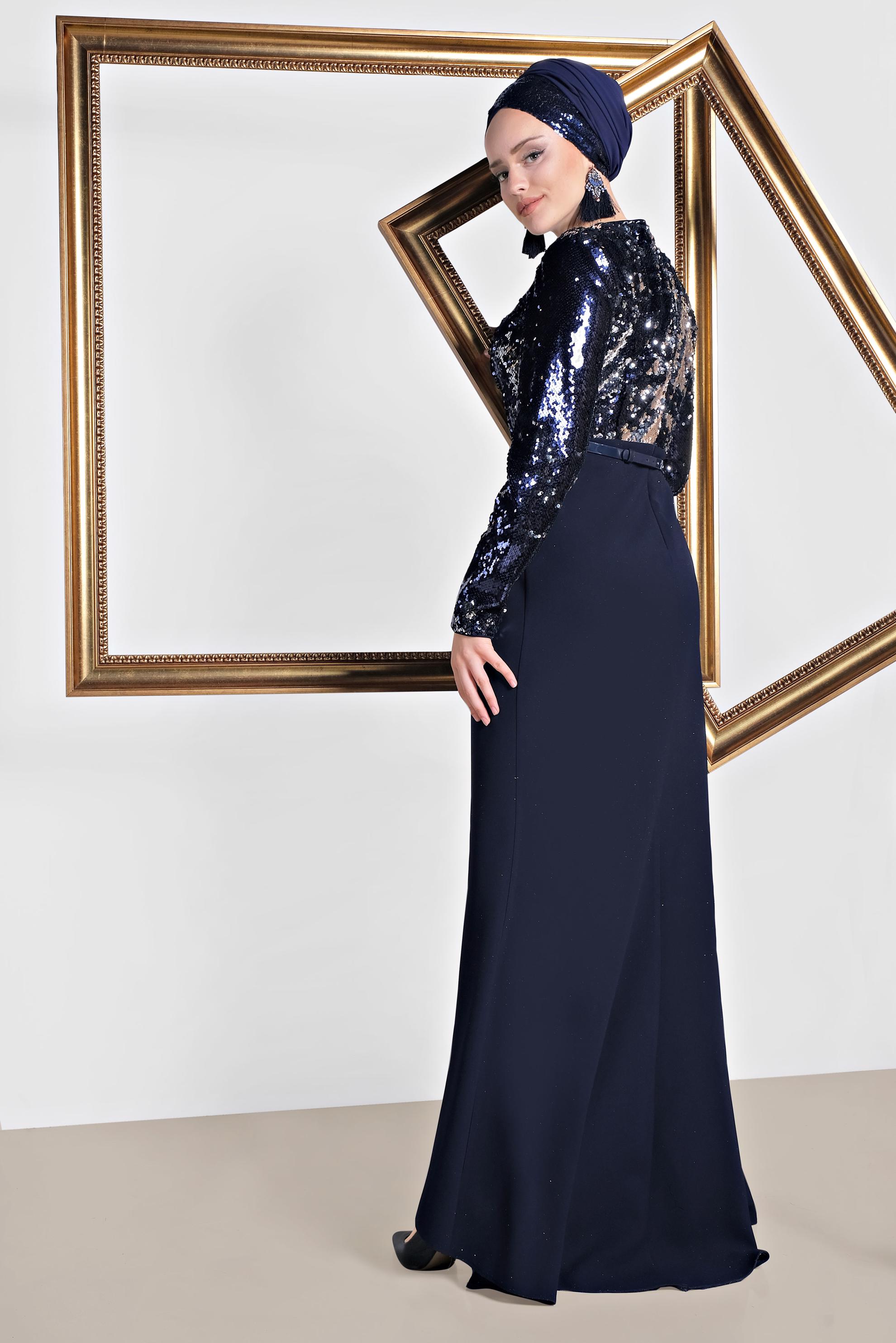 Tesettür giyim LACİVERT PUL PAYET İŞLEMELİ ABİYE ELBİSE 5589 