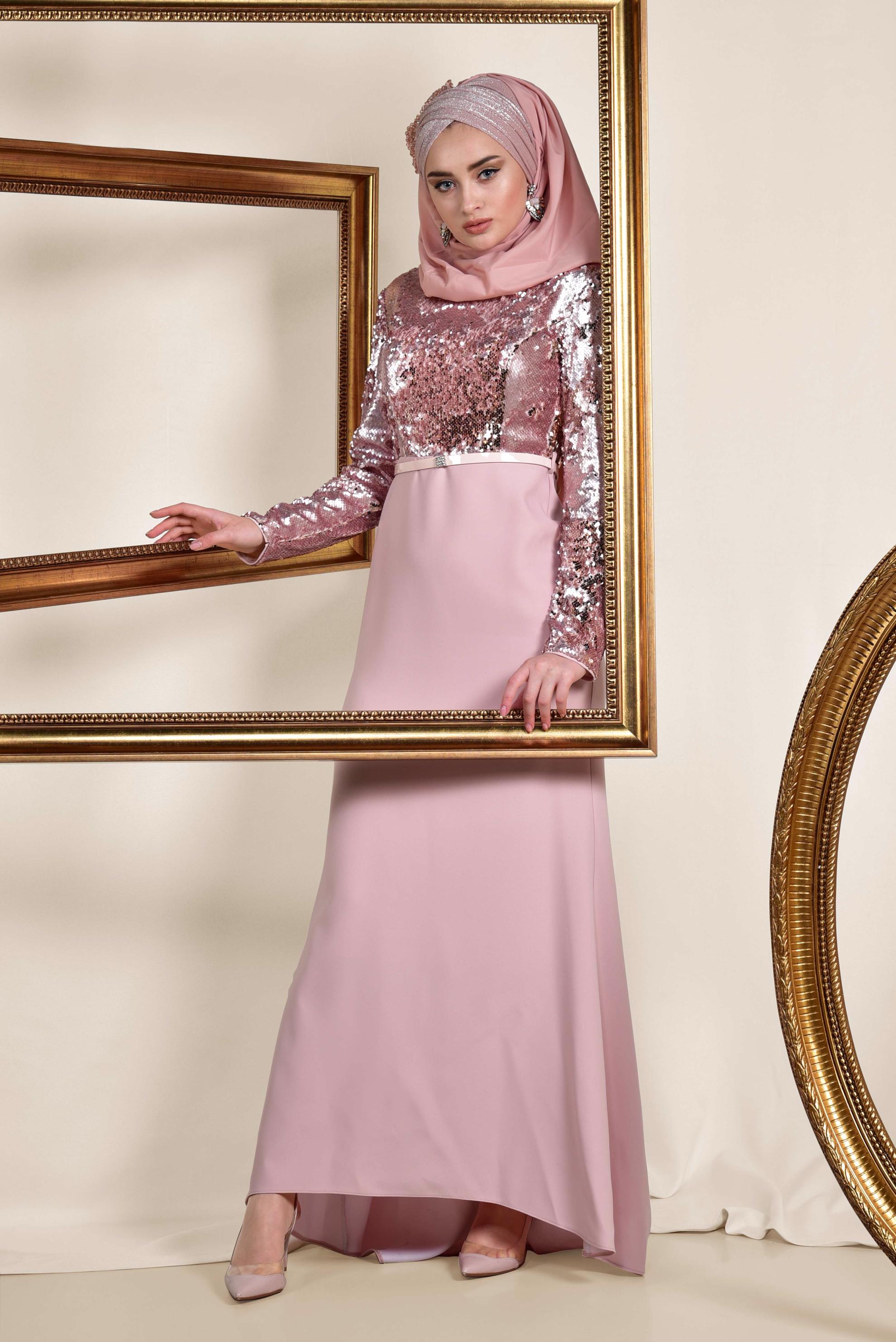 Tesettür giyim PUDRA PUL PAYET İŞLEMELİ ABİYE ELBİSE 5589 