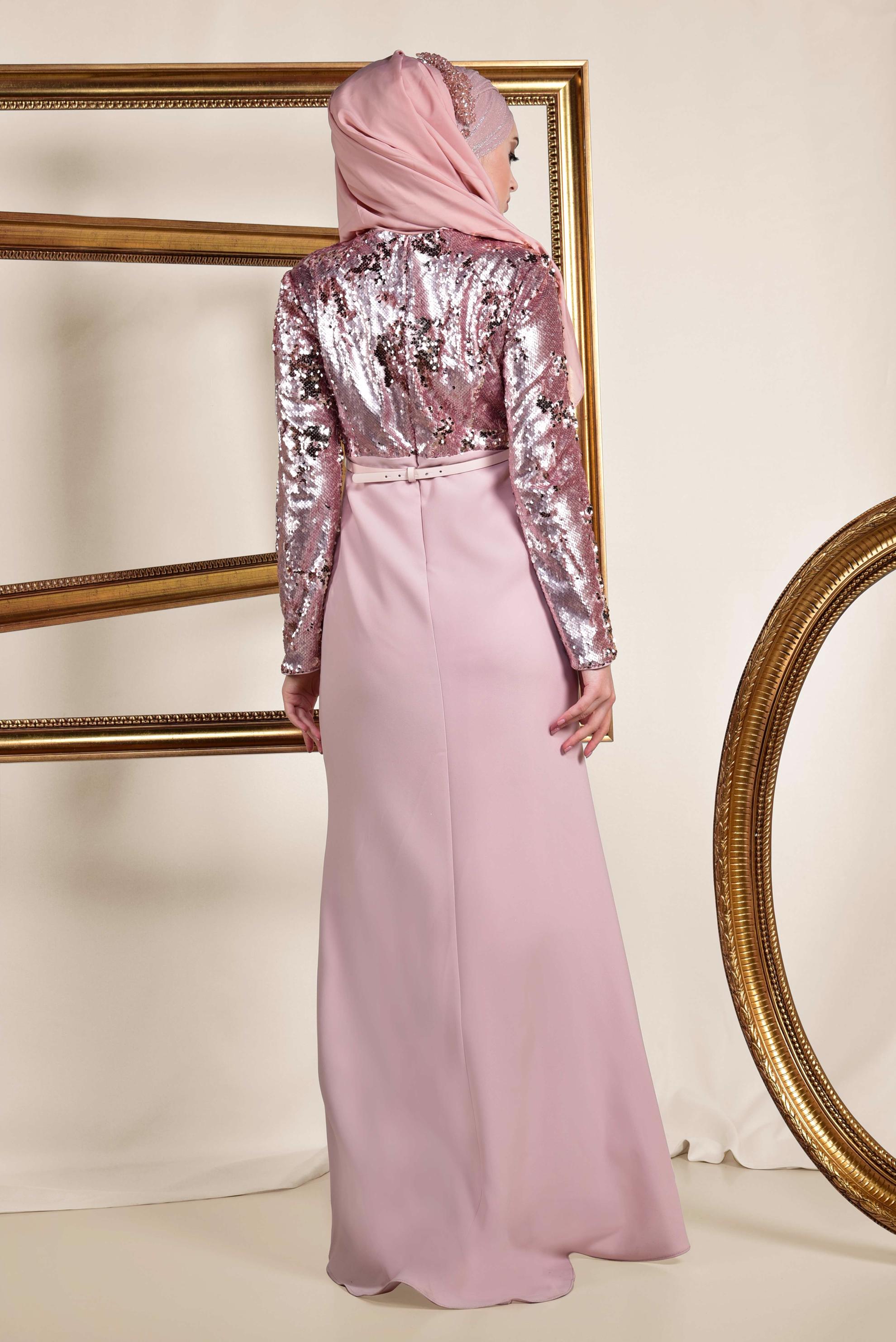 Tesettür giyim PUDRA PUL PAYET İŞLEMELİ ABİYE ELBİSE 5589 