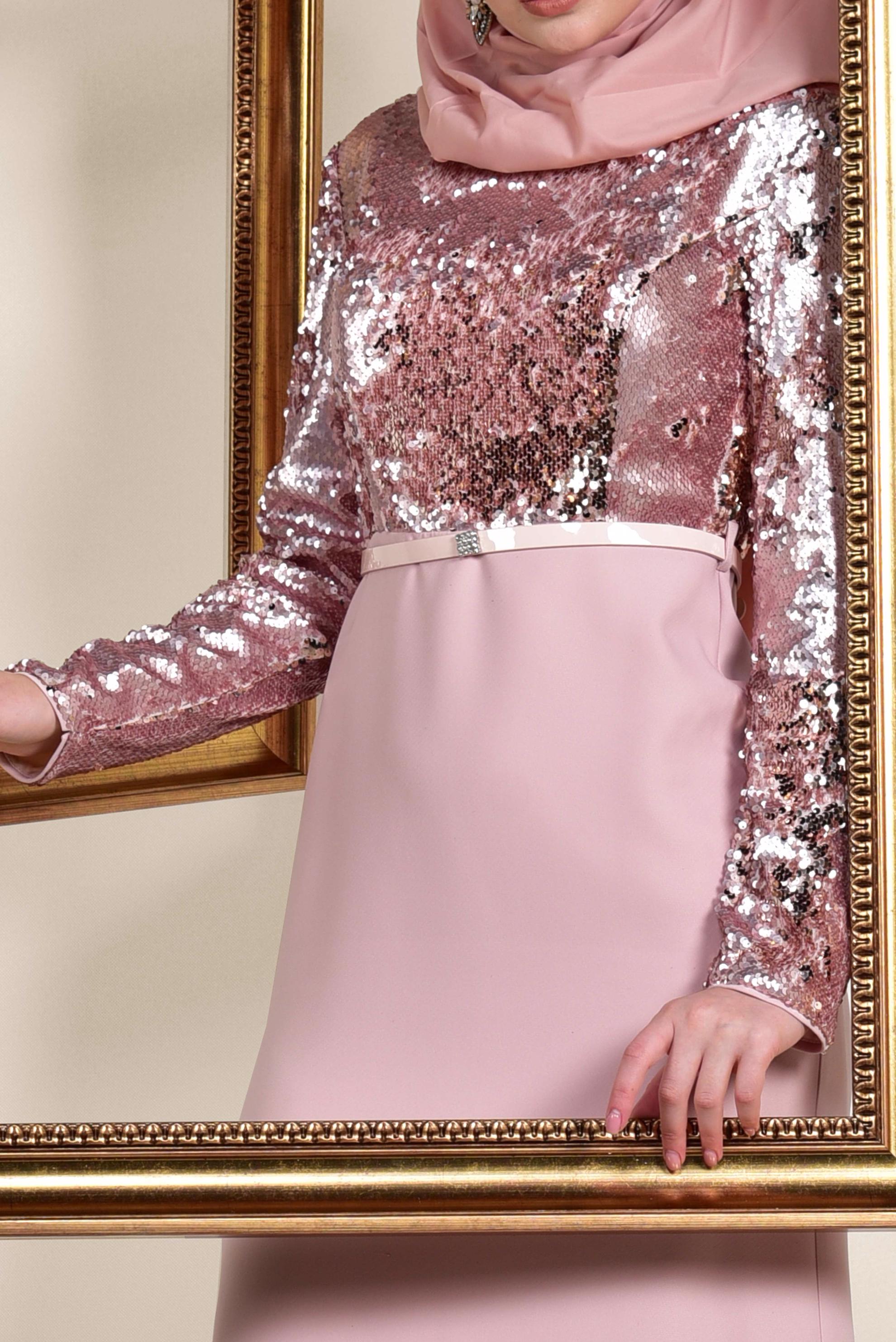 Tesettür giyim PUDRA PUL PAYET İŞLEMELİ ABİYE ELBİSE 5589 