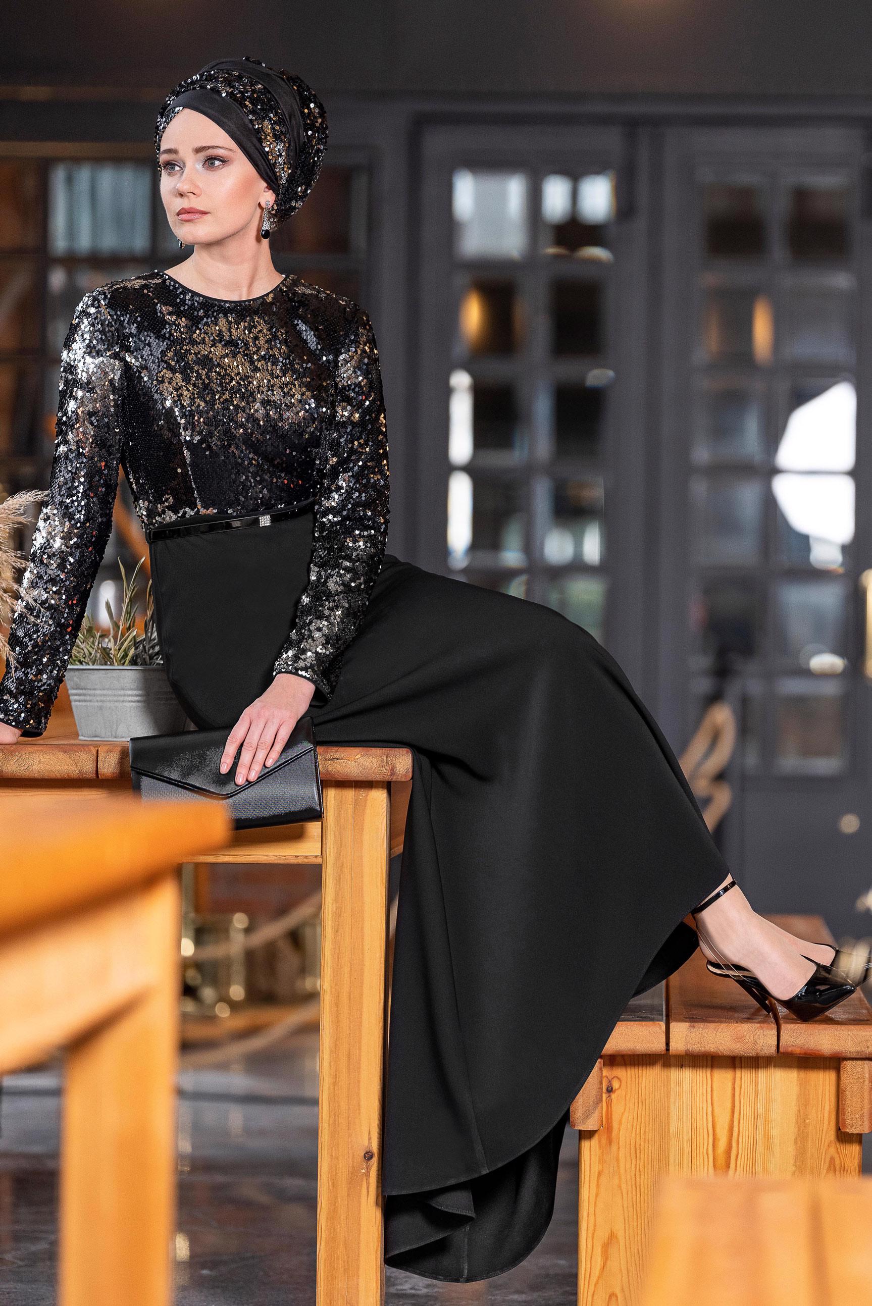 Tesettür giyim SİYAH PUL PAYET İŞLEMELİ ABİYE ELBİSE 5589 