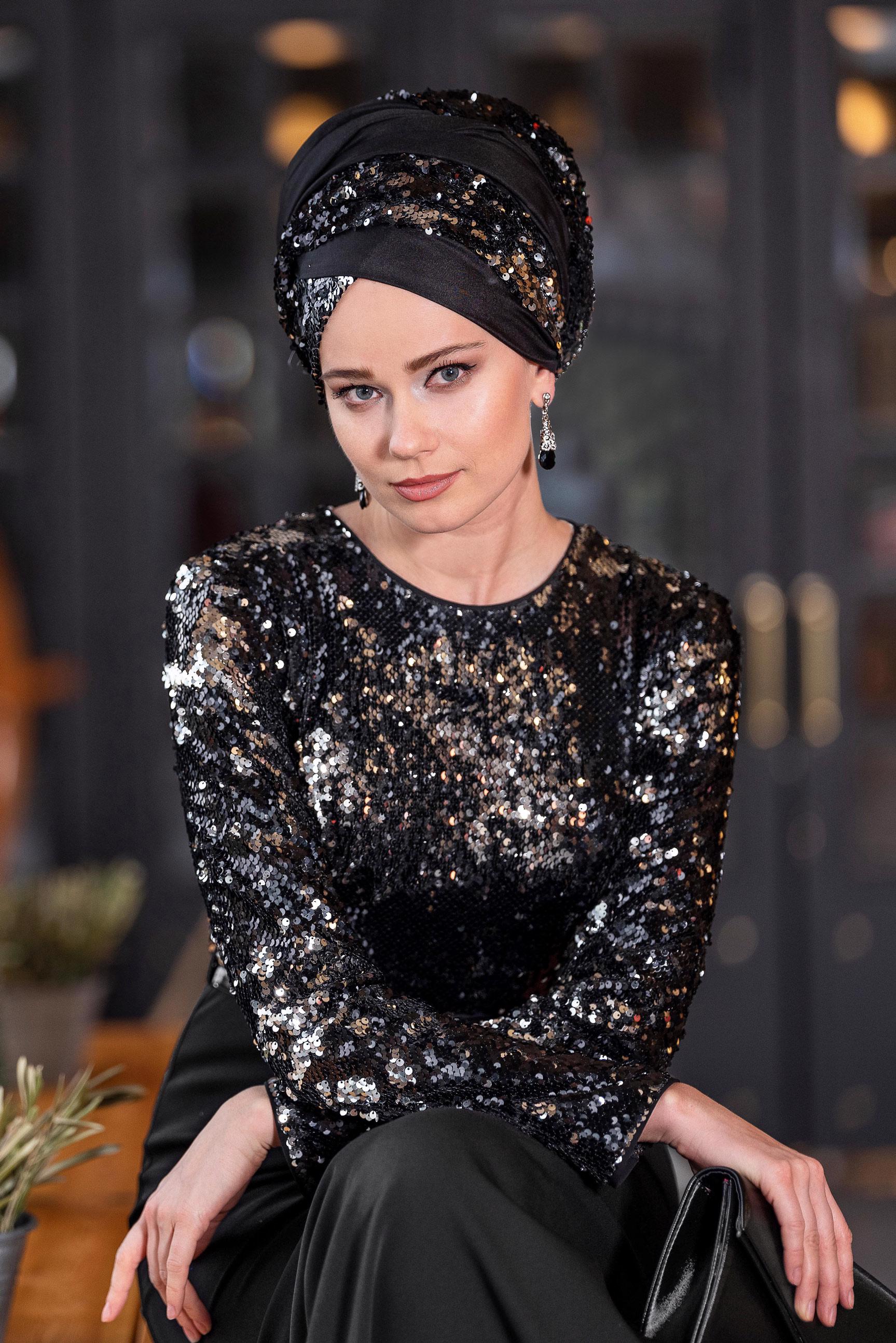 Tesettür giyim SİYAH PUL PAYET İŞLEMELİ ABİYE ELBİSE 5589 