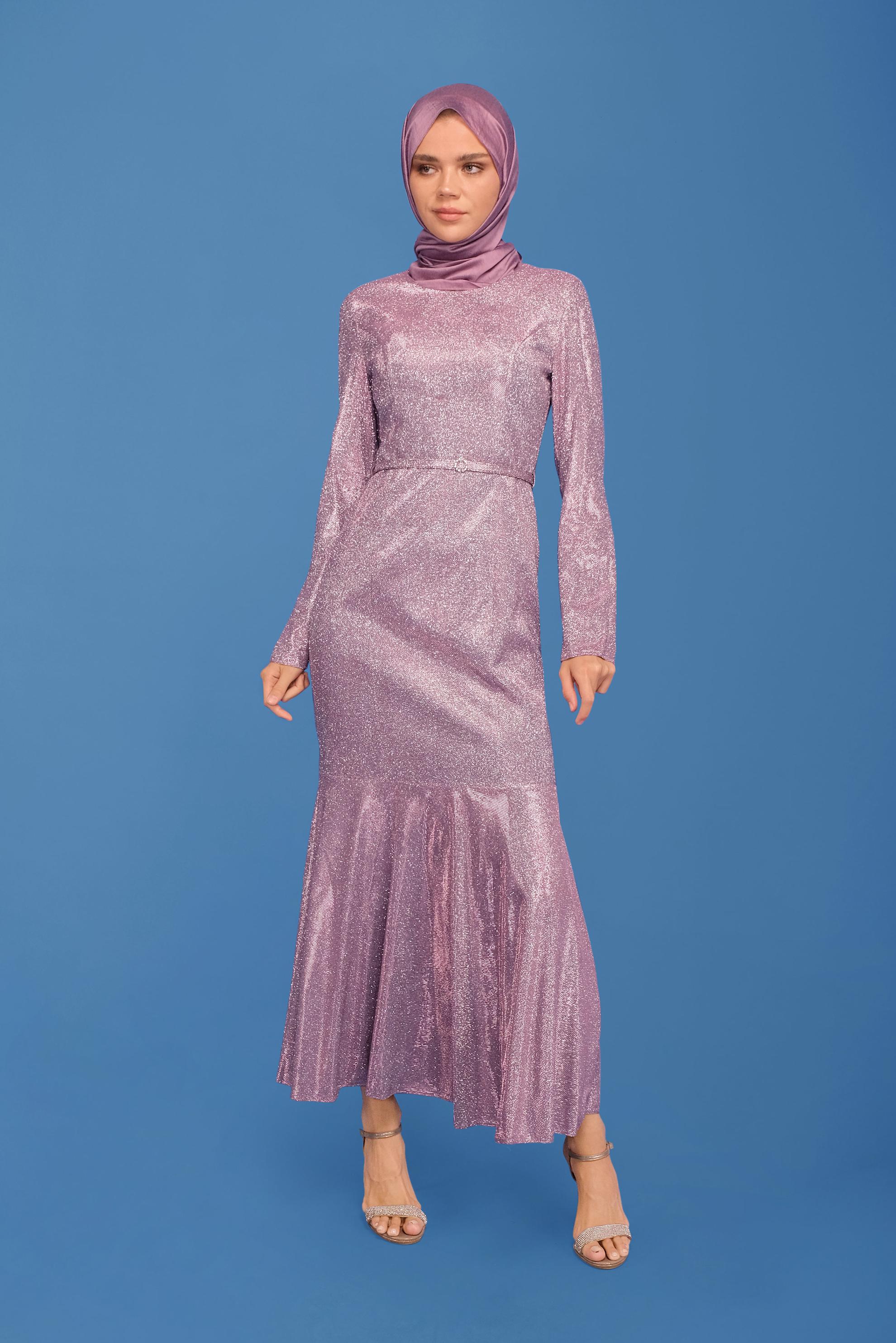 Tesettür giyim PUDRA ETEĞİ VOLANLI SİMLİ ABİYE 5592 