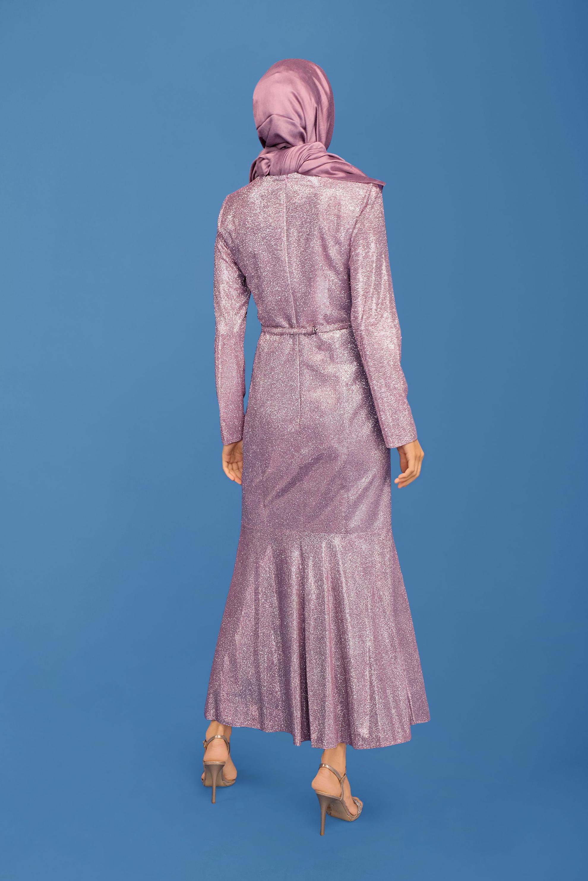 Tesettür giyim PUDRA ETEĞİ VOLANLI SİMLİ ABİYE 5592 