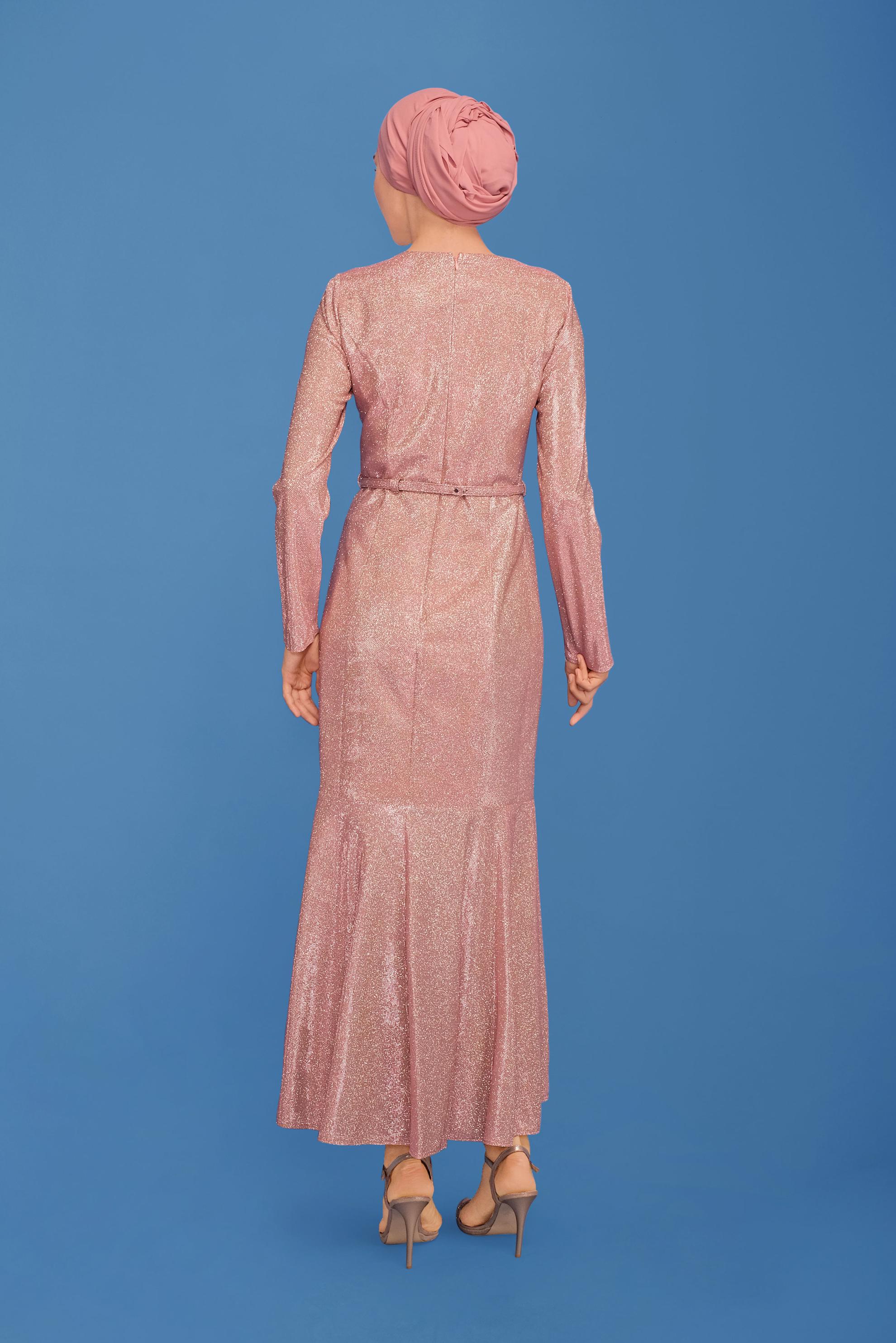 Tesettür giyim PUDRA ETEĞİ VOLANLI SİMLİ ABİYE 5592 