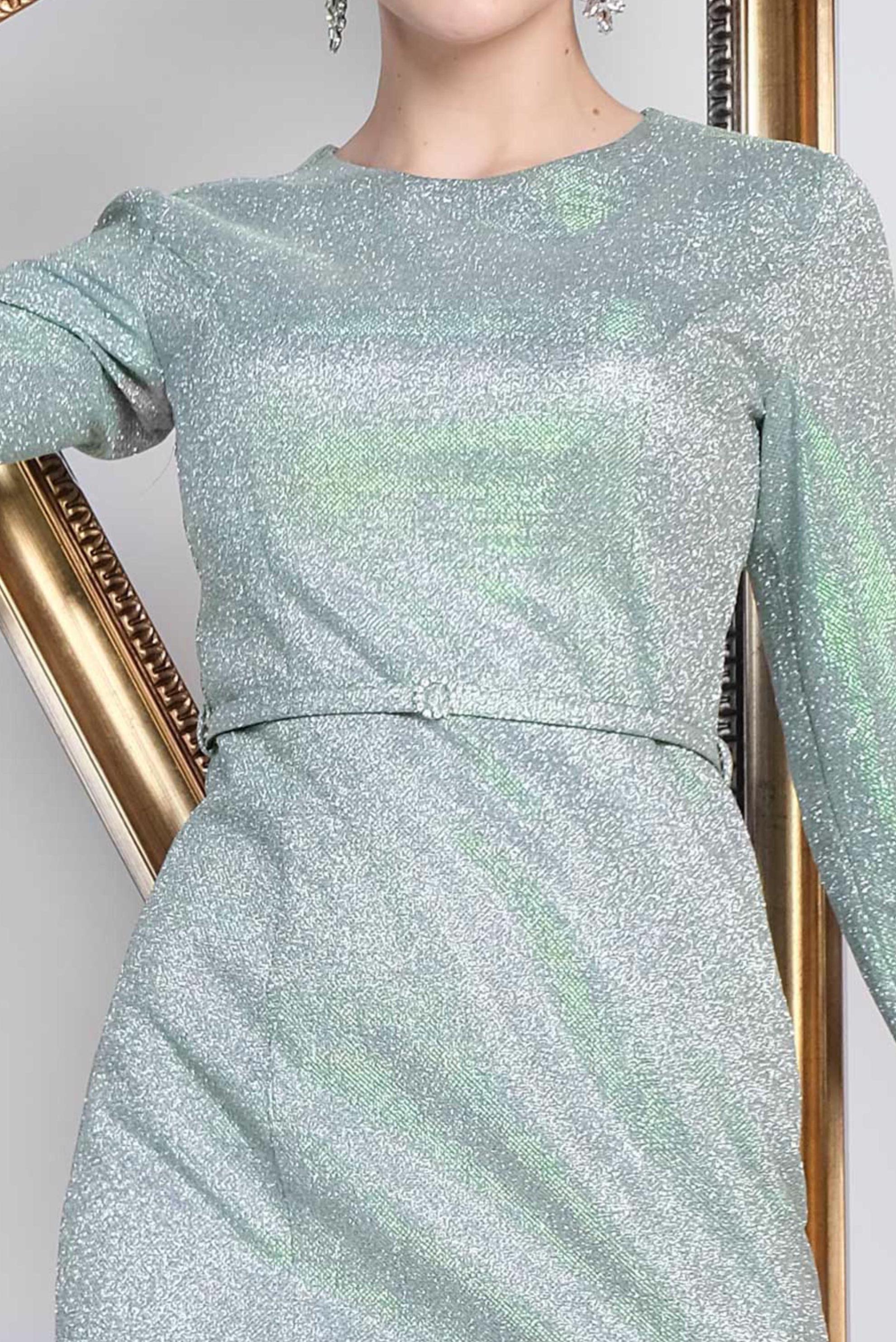 Tesettür giyim YEŞİL ETEĞİ VOLANLI SİMLİ ABİYE 5592 