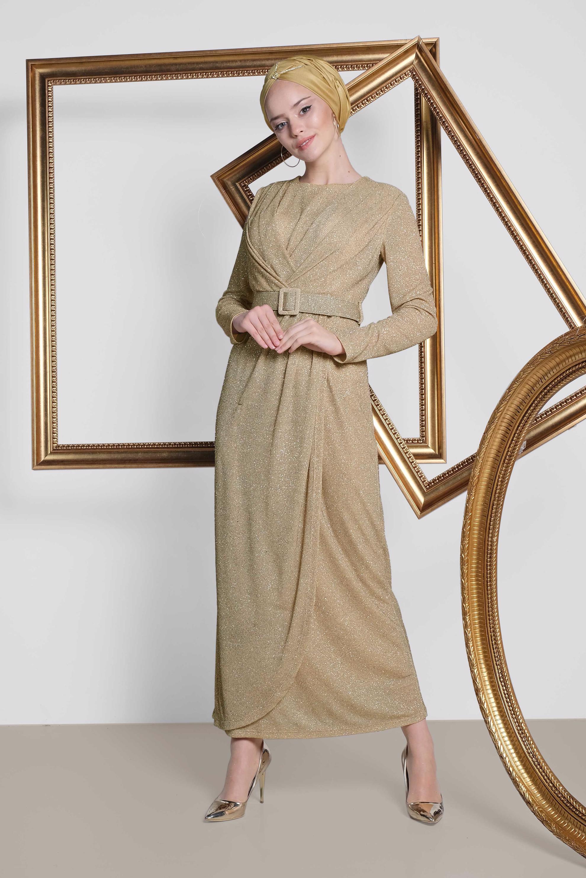 Tesettür giyim ALTIN BELİ KEMER DETAYLI SİMLİ ABİYE 5593 