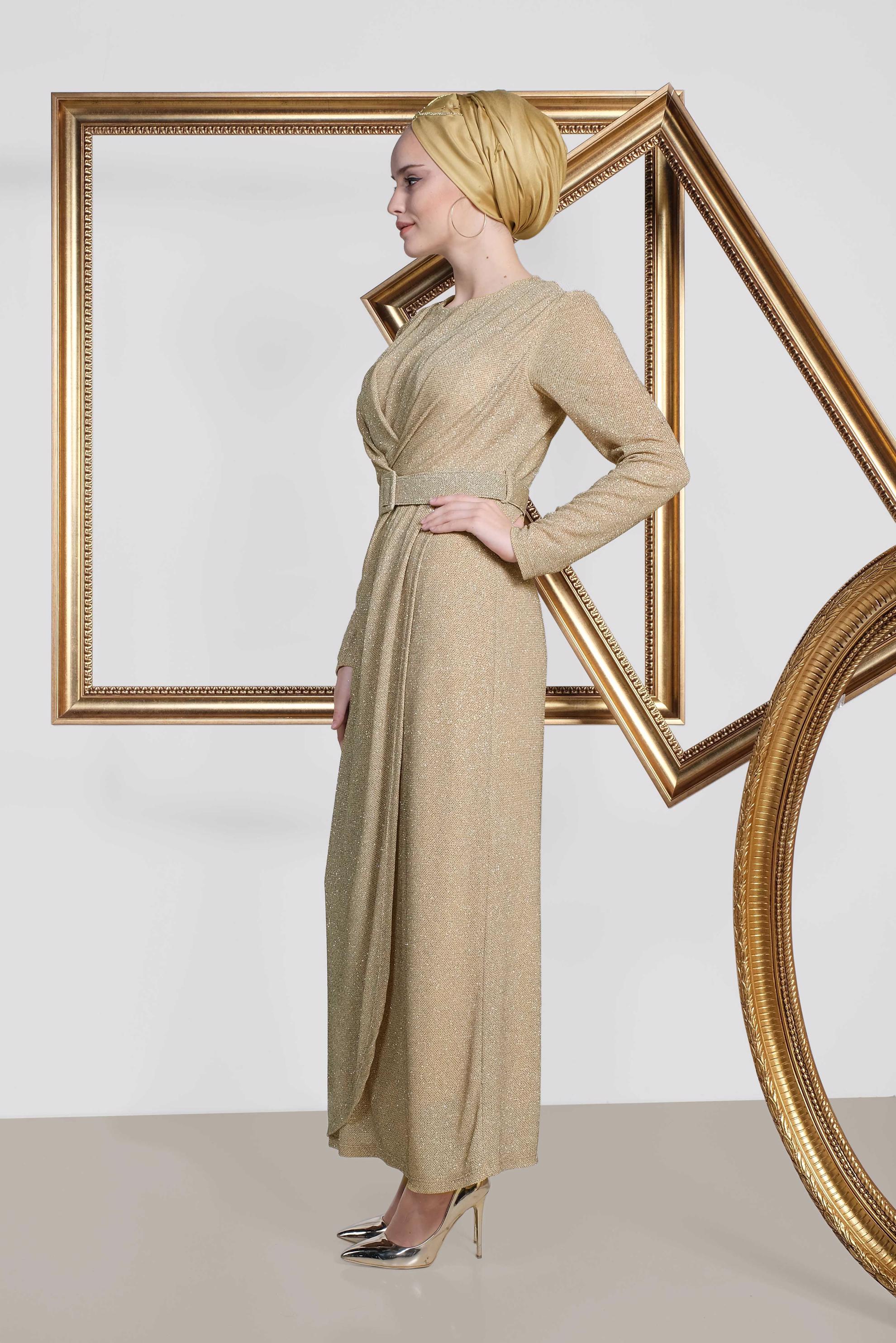 Tesettür giyim ALTIN BELİ KEMER DETAYLI SİMLİ ABİYE 5593 