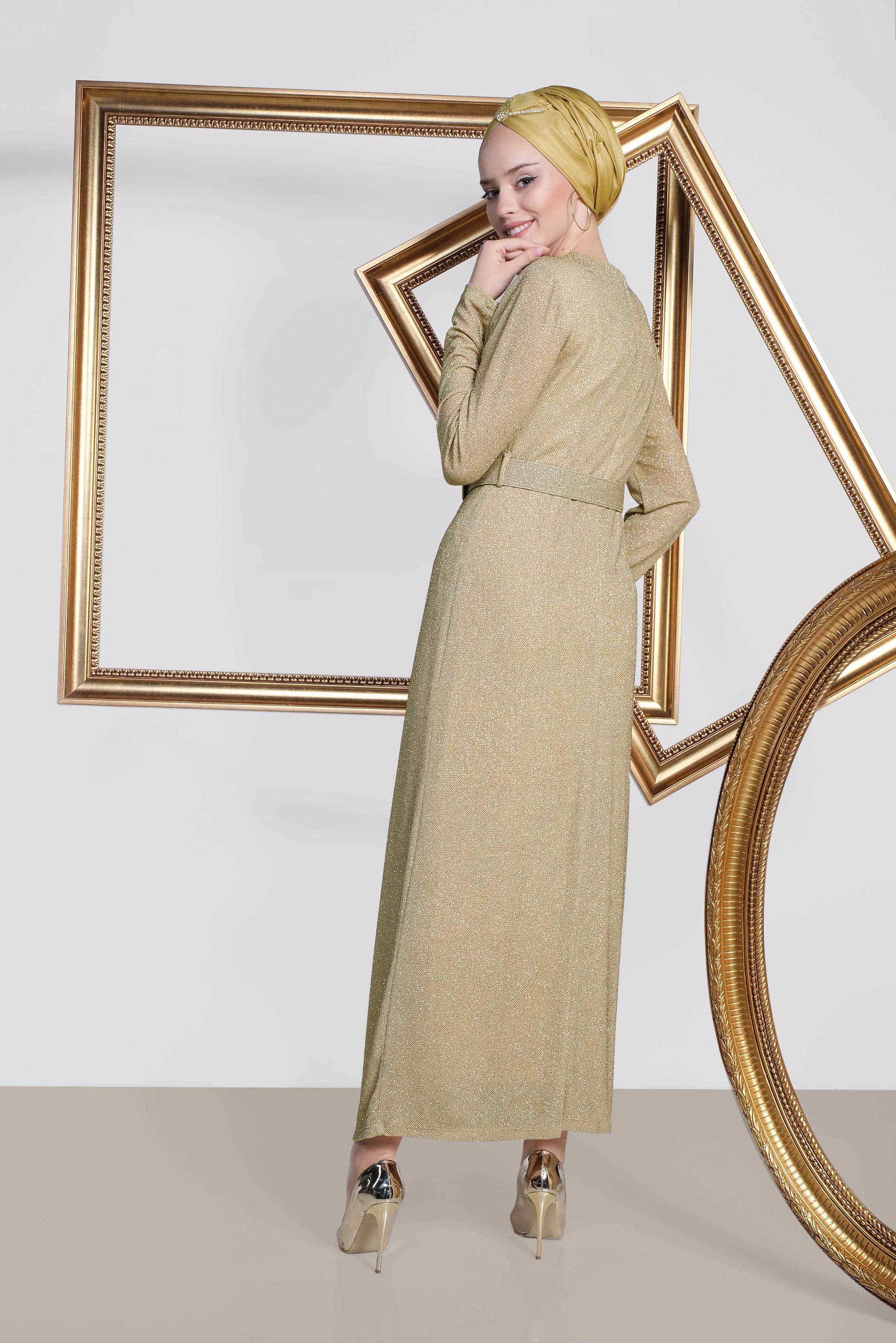 Tesettür giyim ALTIN BELİ KEMER DETAYLI SİMLİ ABİYE 5593 