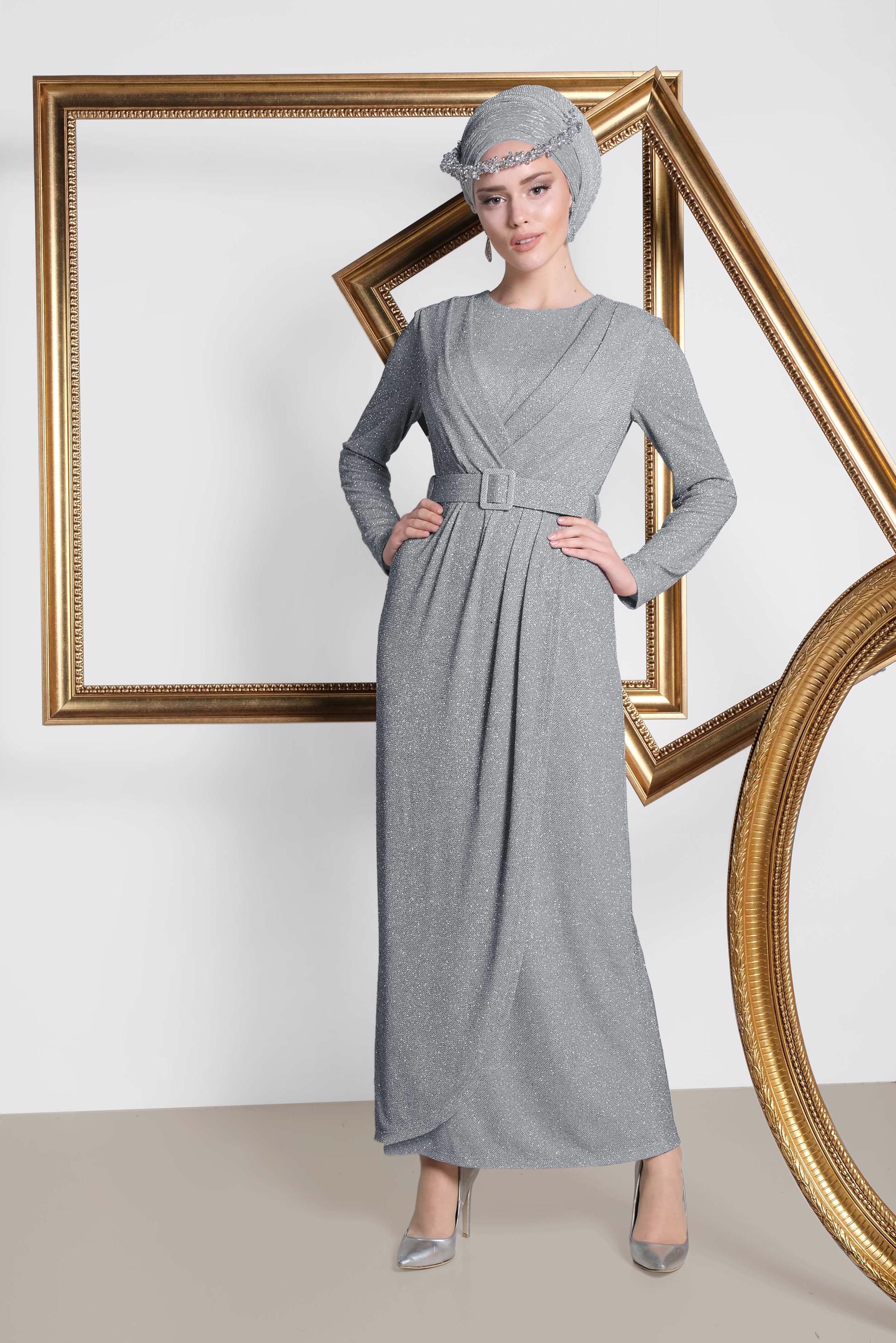 Tesettür giyim GÜMÜŞ BELİ KEMER DETAYLI SİMLİ ABİYE 5593 