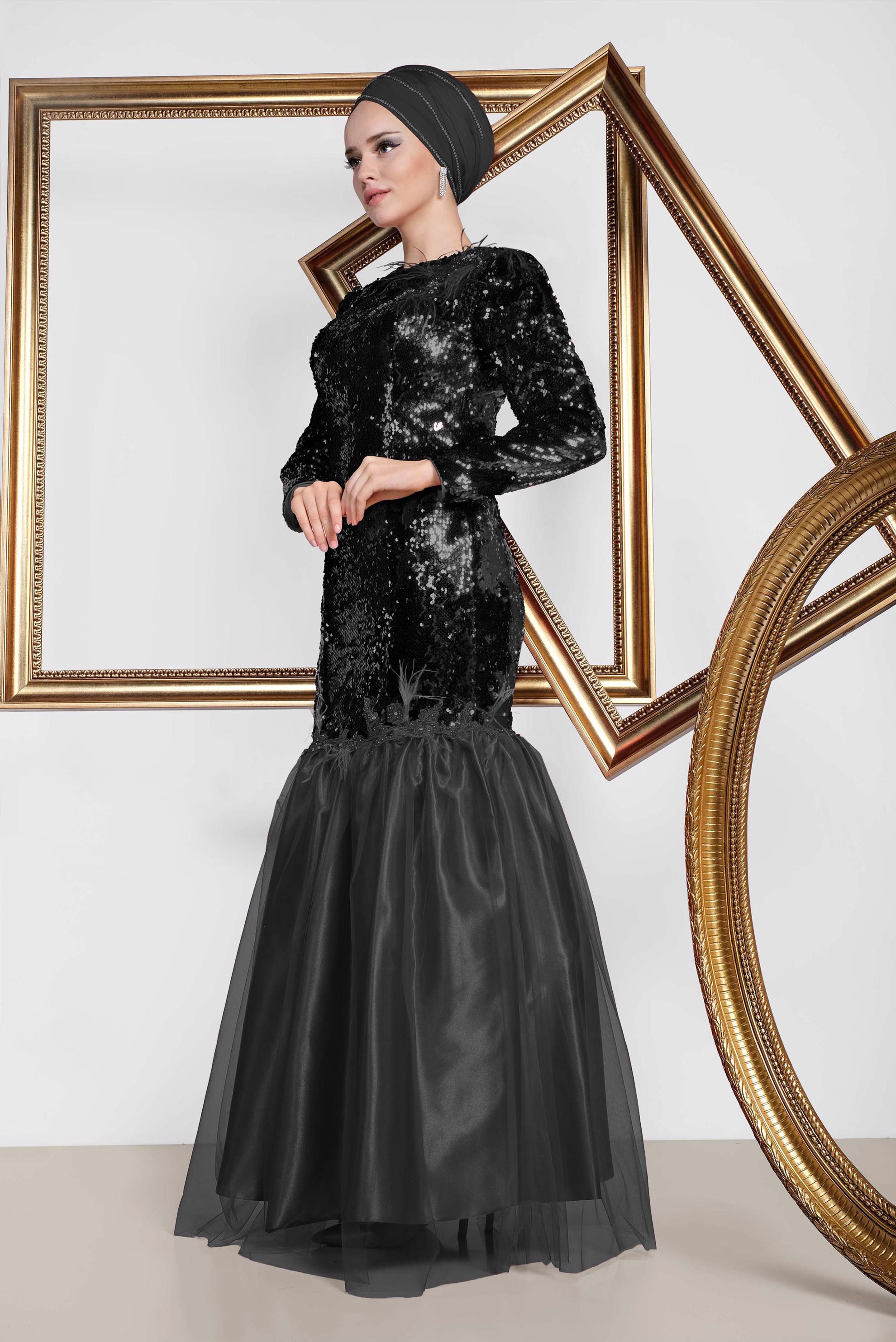 Tesettür giyim SİYAH TÜY VE TÜL DETAYLI  PUL PAYET ABİYE ELBİSE 5594