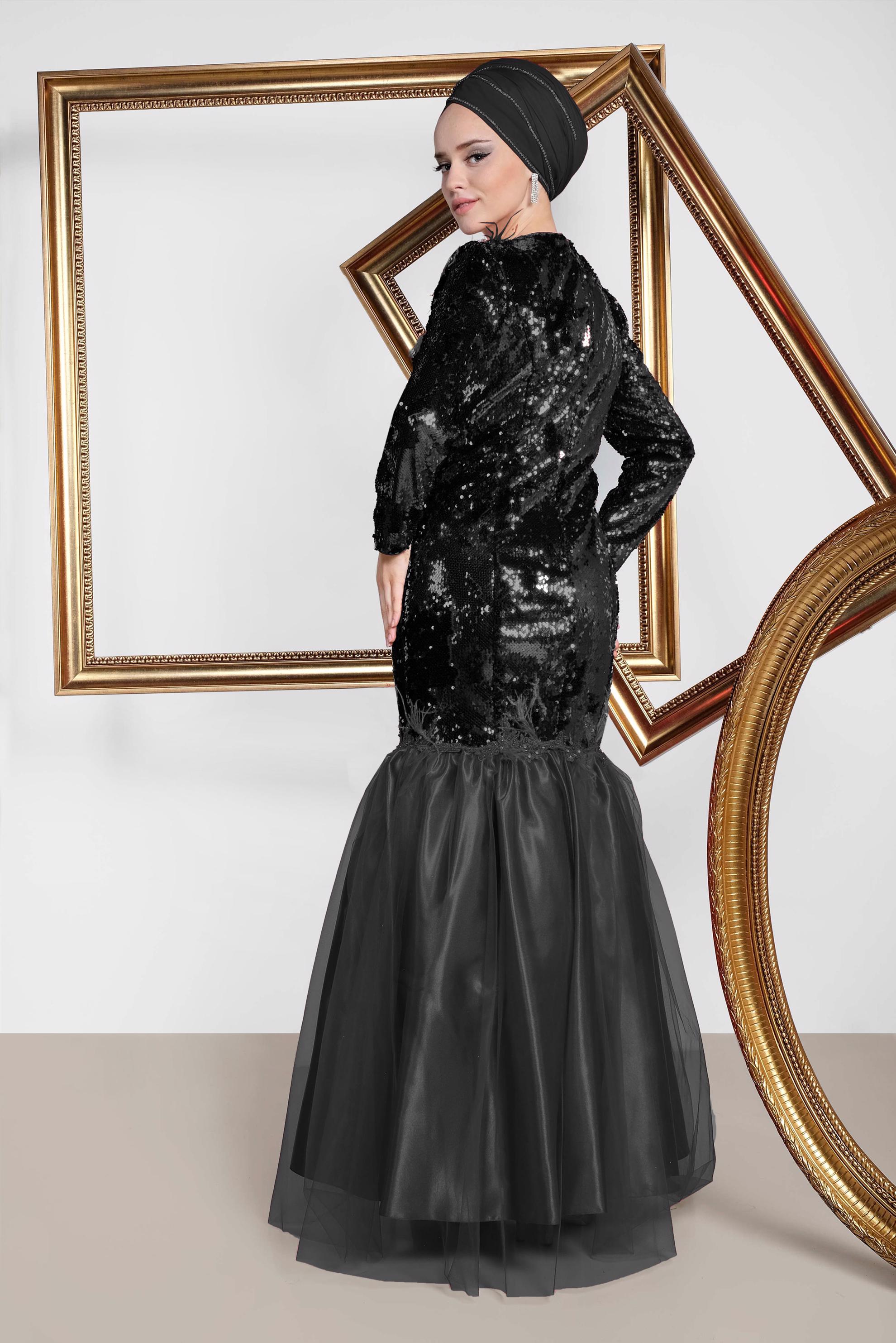 Tesettür giyim SİYAH TÜY VE TÜL DETAYLI  PUL PAYET ABİYE ELBİSE 5594