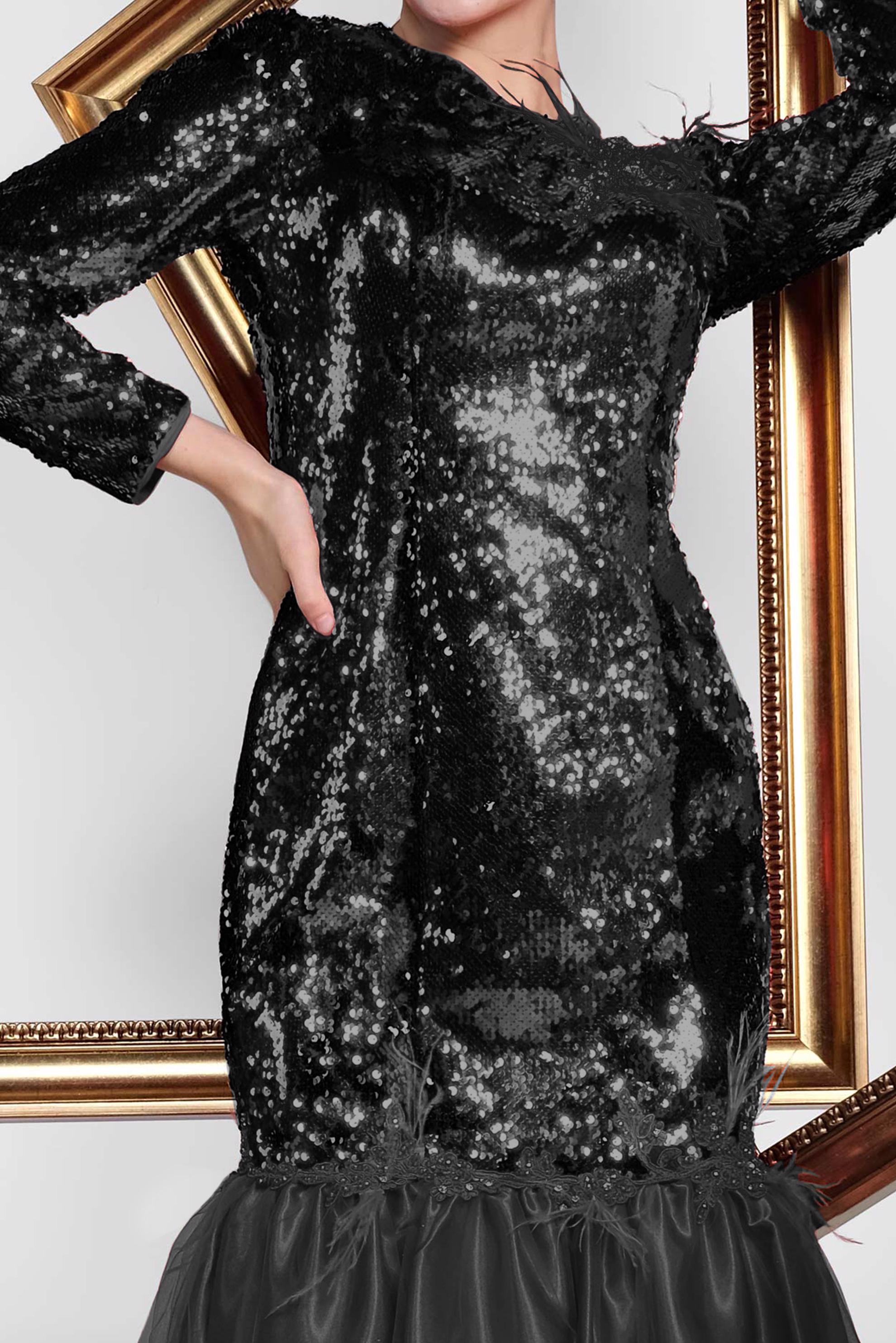 Tesettür giyim SİYAH TÜY VE TÜL DETAYLI  PUL PAYET ABİYE ELBİSE 5594