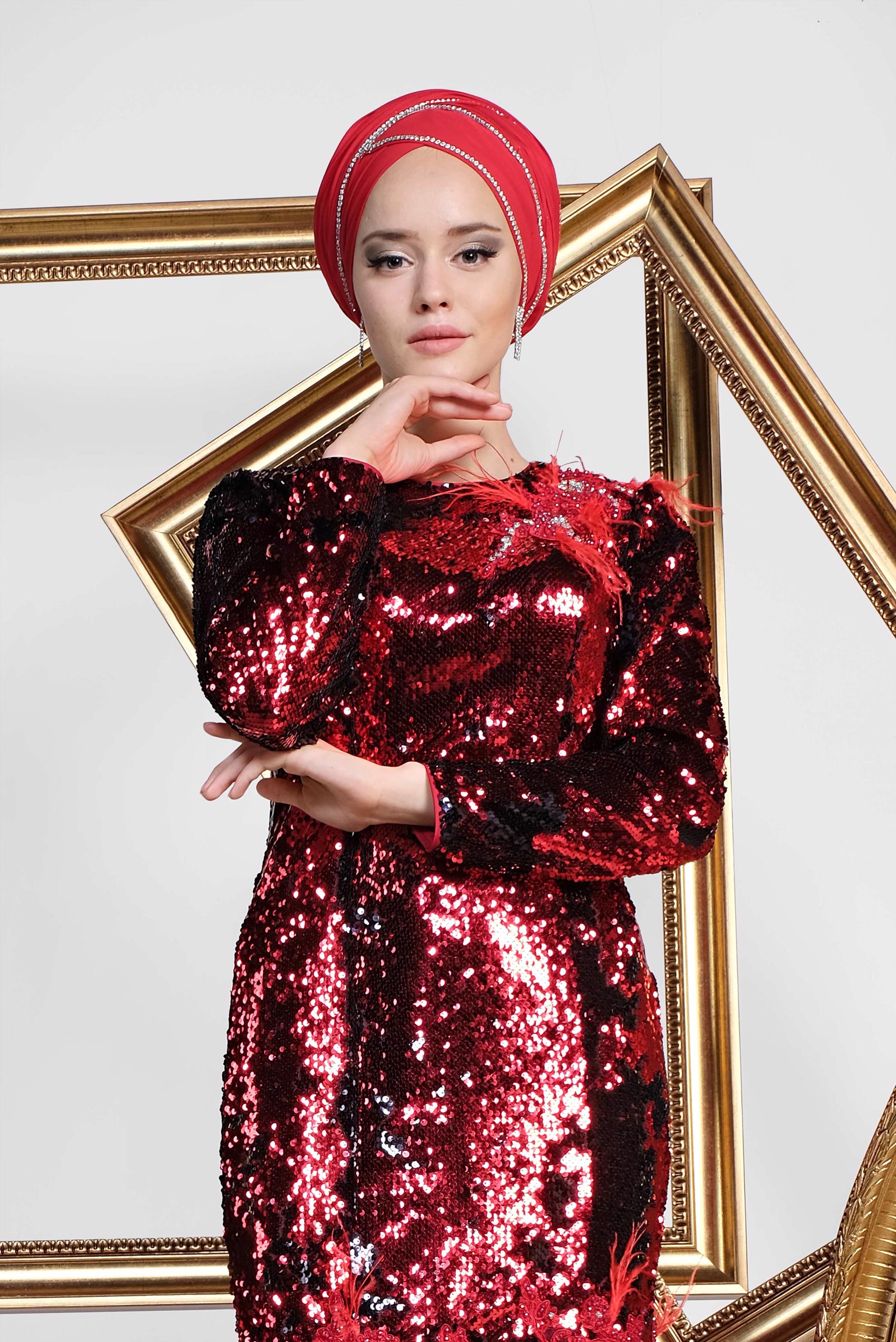 Tesettür giyim SİYAH TÜY VE TÜL DETAYLI  PUL PAYET ABİYE ELBİSE 5594