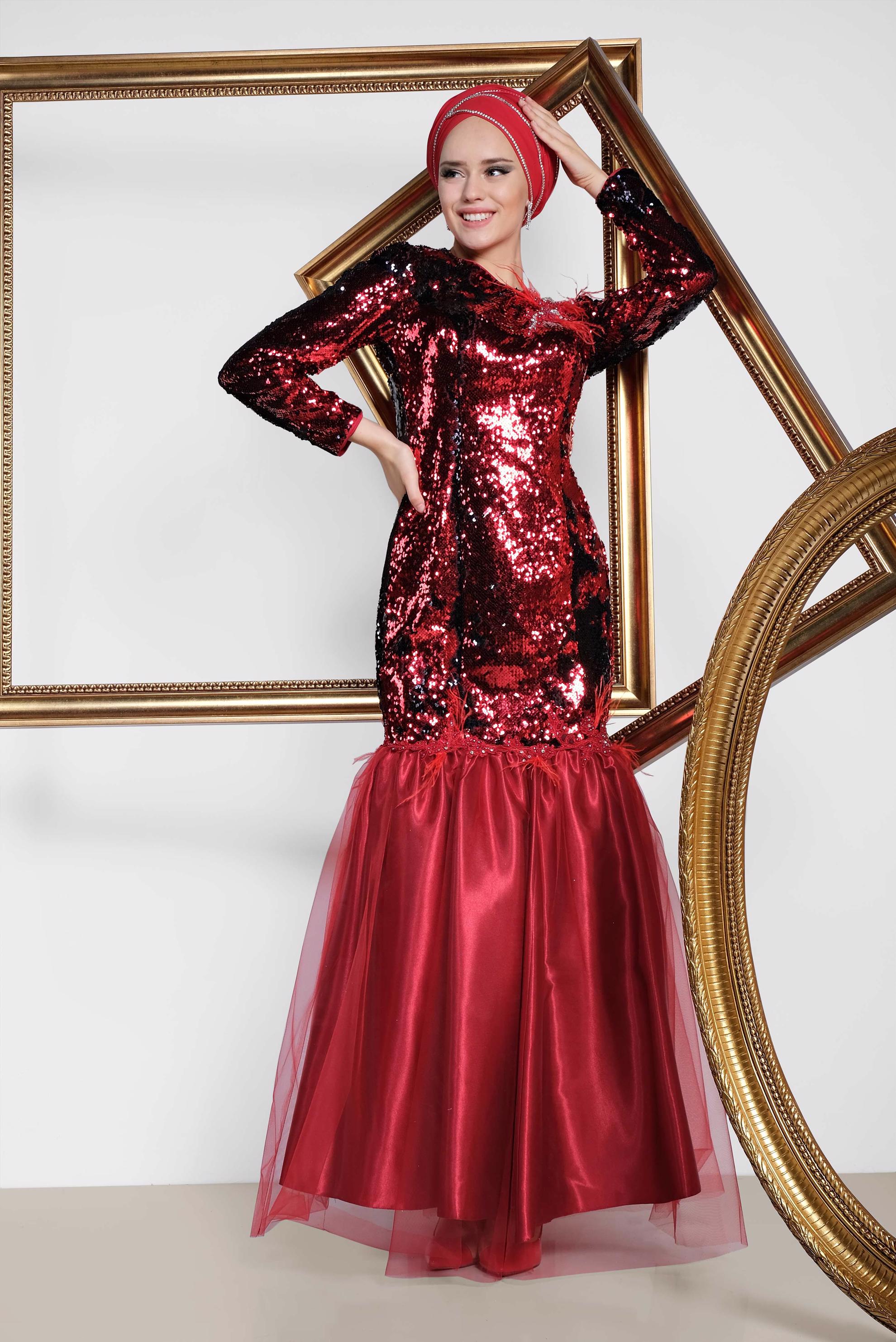 Tesettür giyim SİYAH TÜY VE TÜL DETAYLI  PUL PAYET ABİYE ELBİSE 5594