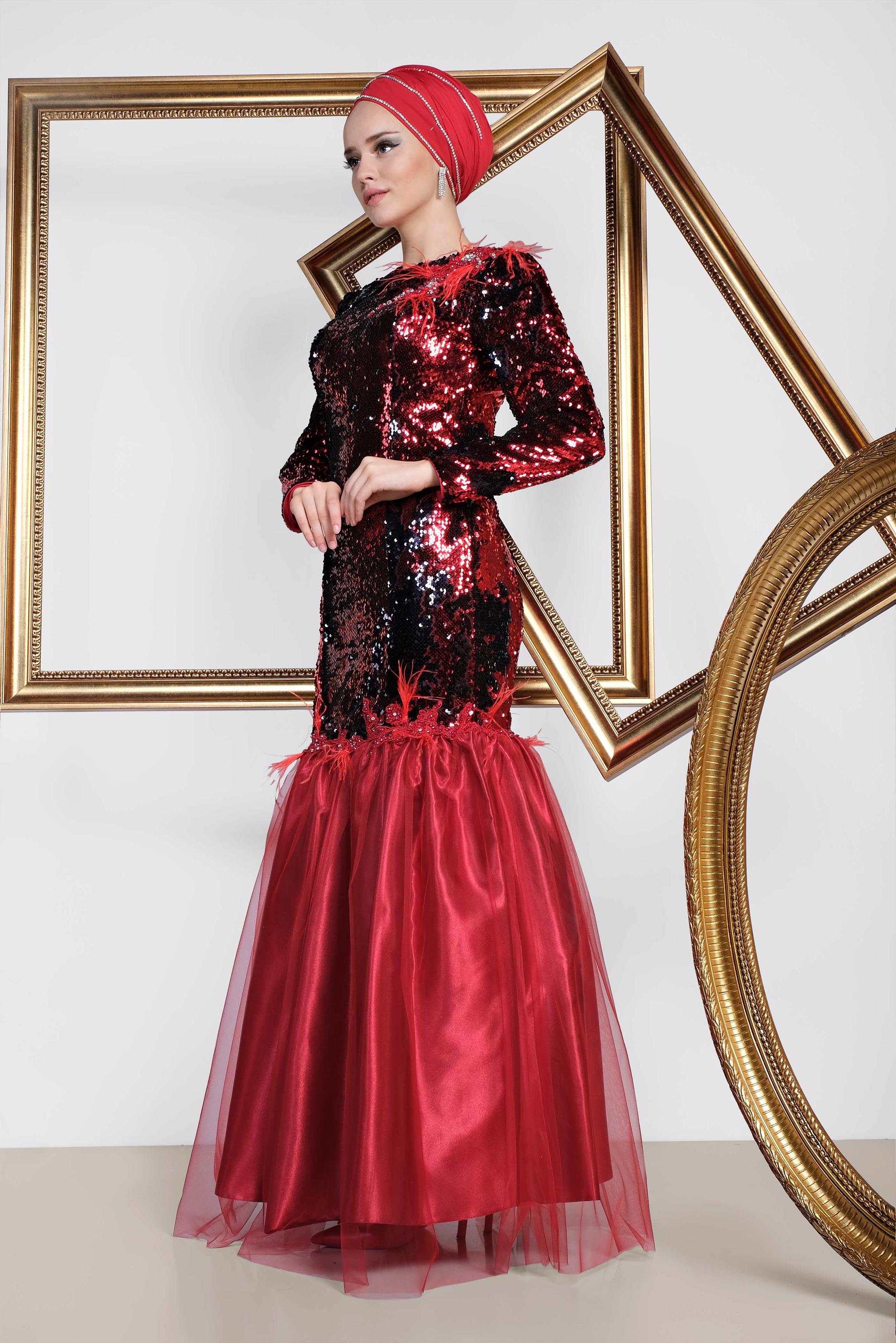 Tesettür giyim SİYAH TÜY VE TÜL DETAYLI  PUL PAYET ABİYE ELBİSE 5594