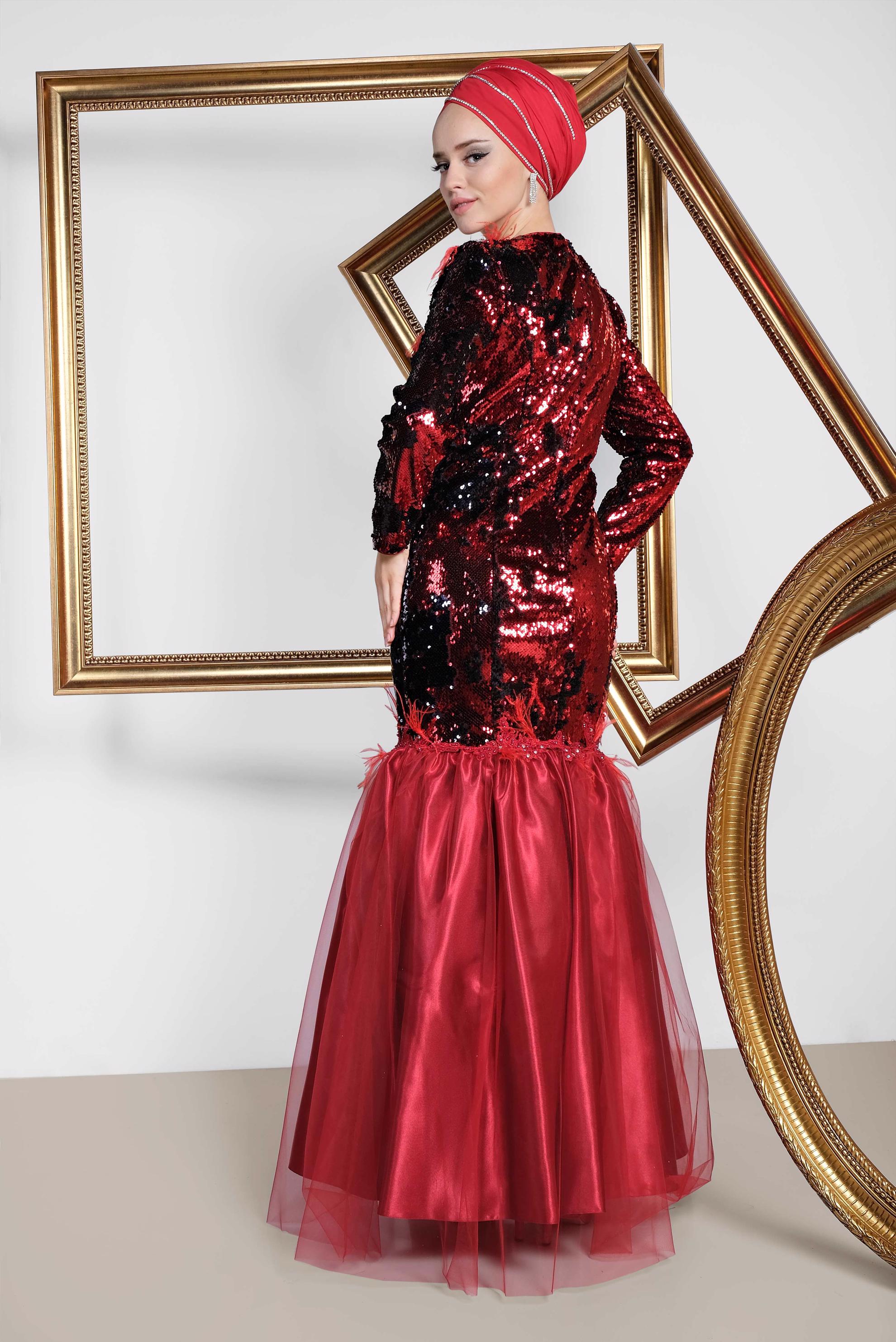 Tesettür giyim SİYAH TÜY VE TÜL DETAYLI  PUL PAYET ABİYE ELBİSE 5594