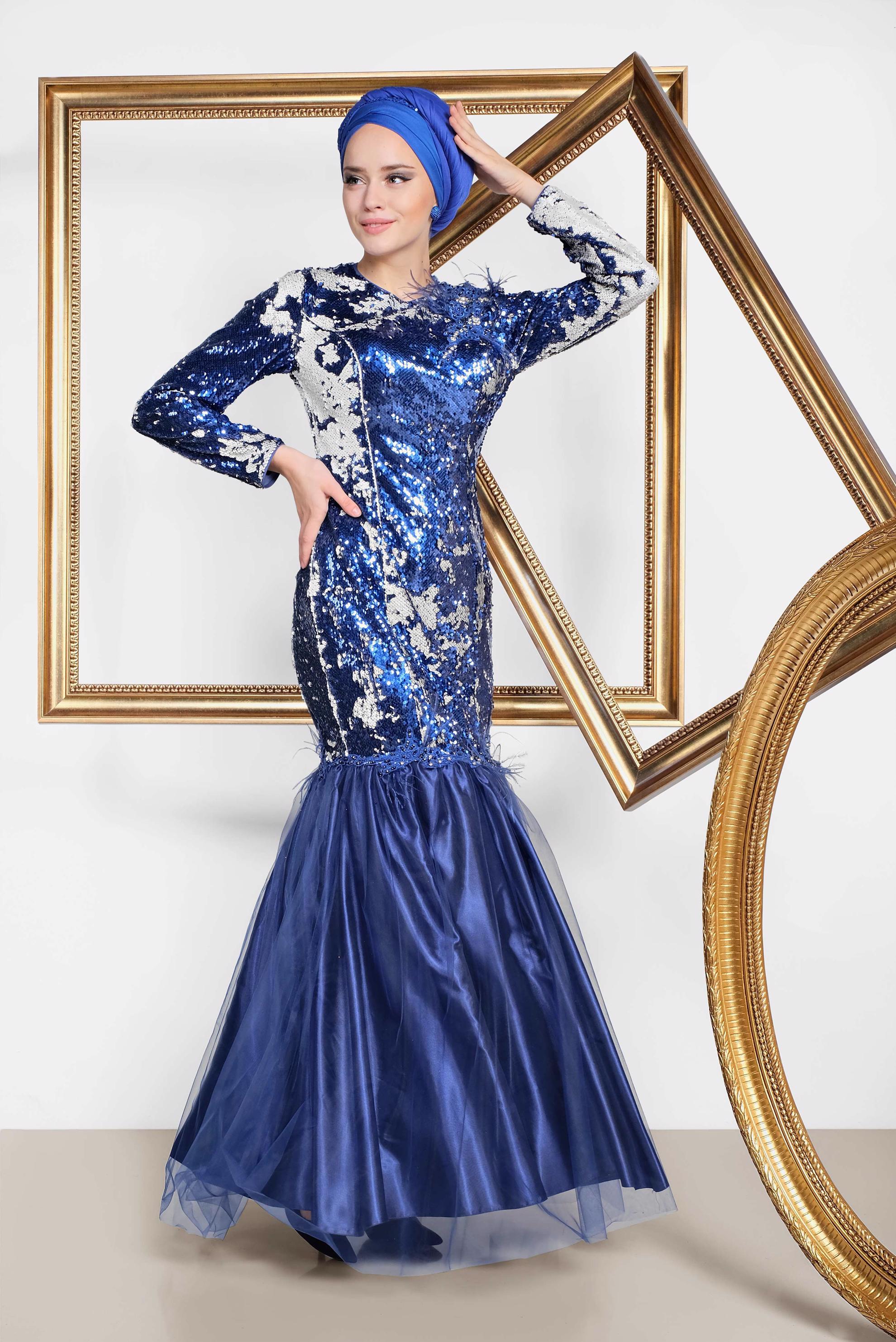 Tesettür giyim LACİVERT TÜY VE TÜL DETAYLI  PUL PAYET ABİYE ELBİSE 5594