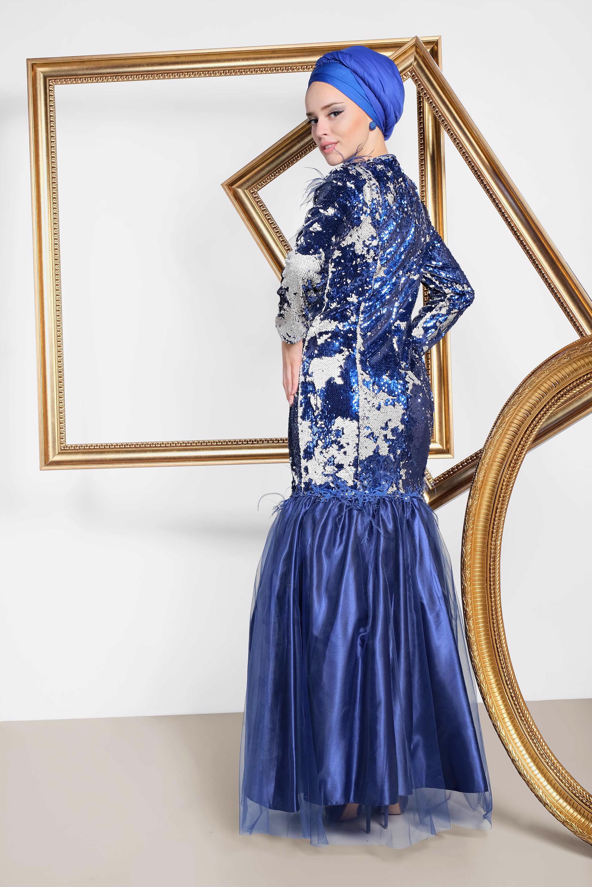 Tesettür giyim LACİVERT TÜY VE TÜL DETAYLI  PUL PAYET ABİYE ELBİSE 5594