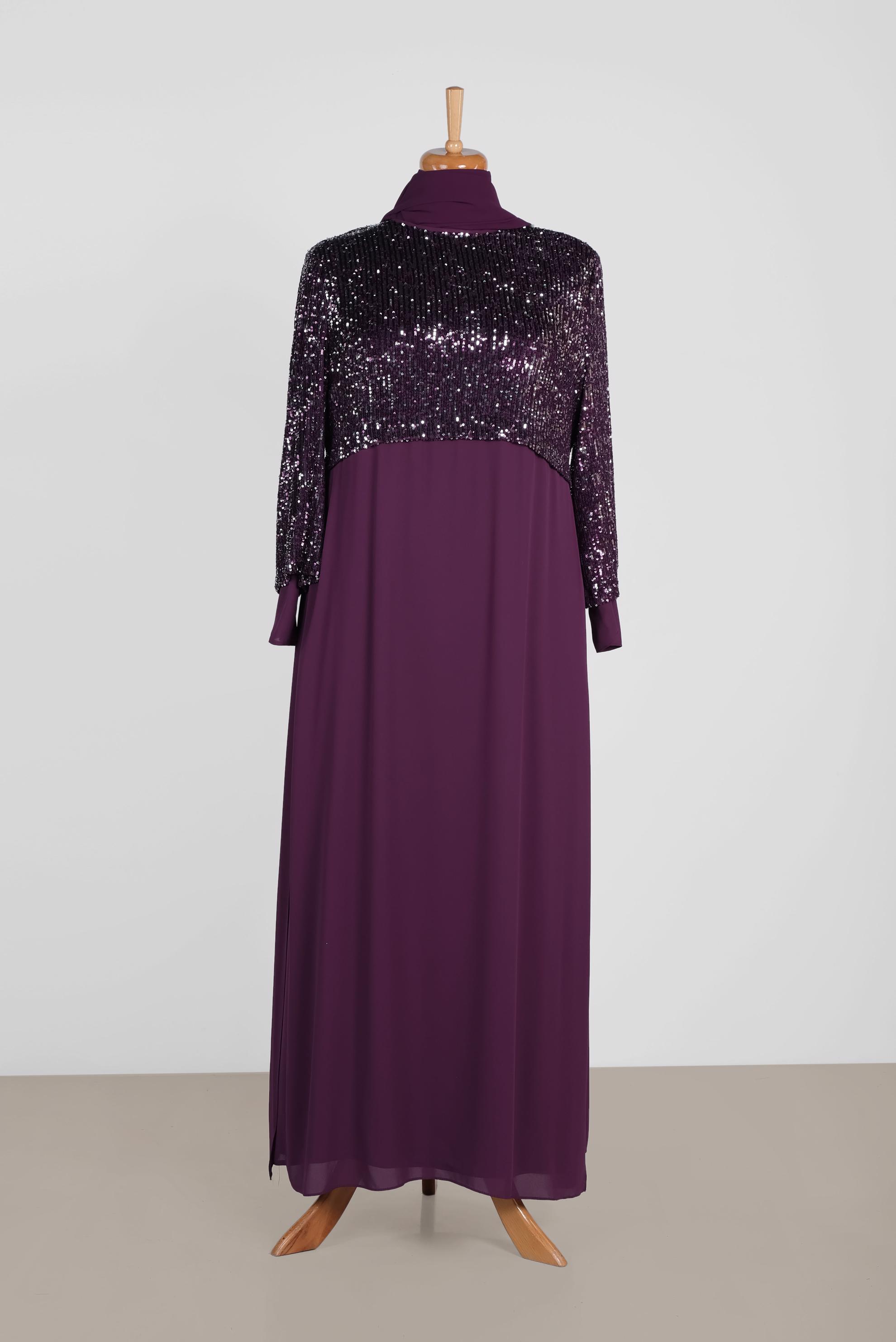 Tesettür giyim MOR PUL PAYET DETAYLI 2′Lİ ELBİSELİ ABİYE 5595