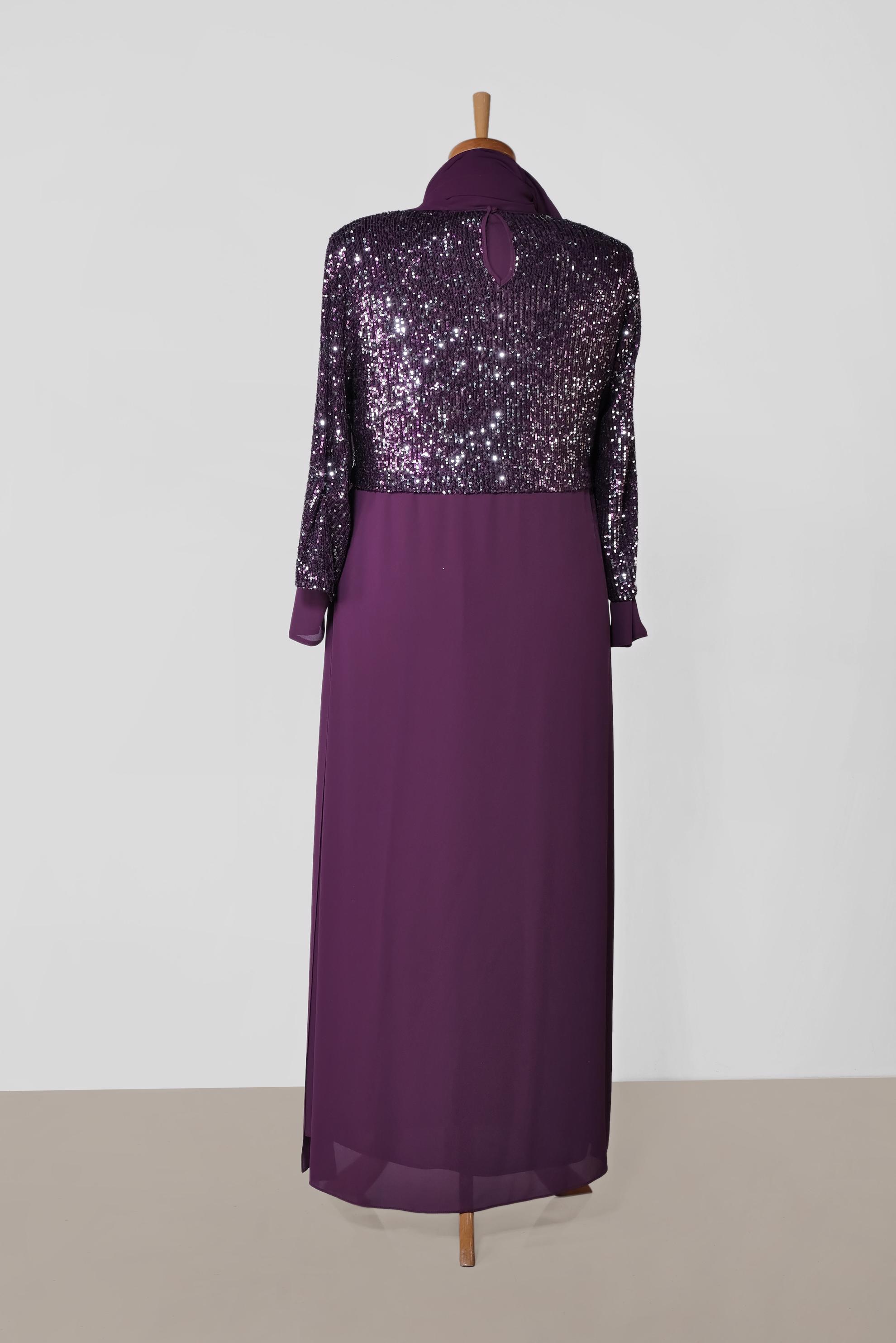 Tesettür giyim MOR PUL PAYET DETAYLI 2′Lİ ELBİSELİ ABİYE 5595