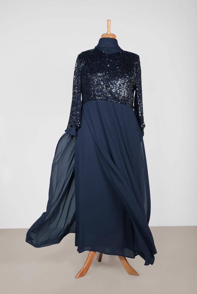 Tesettür giyim LACİVERT PUL PAYET DETAYLI 2′Lİ ELBİSELİ ABİYE 5595 - ALVİNA