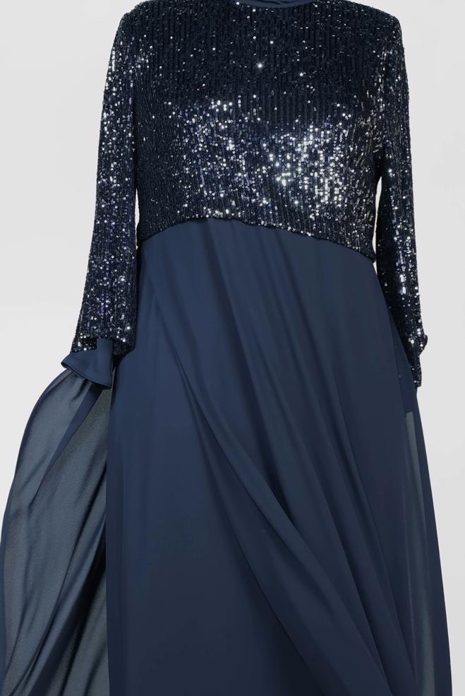 Tesettür giyim LACİVERT PUL PAYET DETAYLI 2′Lİ ELBİSELİ ABİYE 5595 - ALVİNA