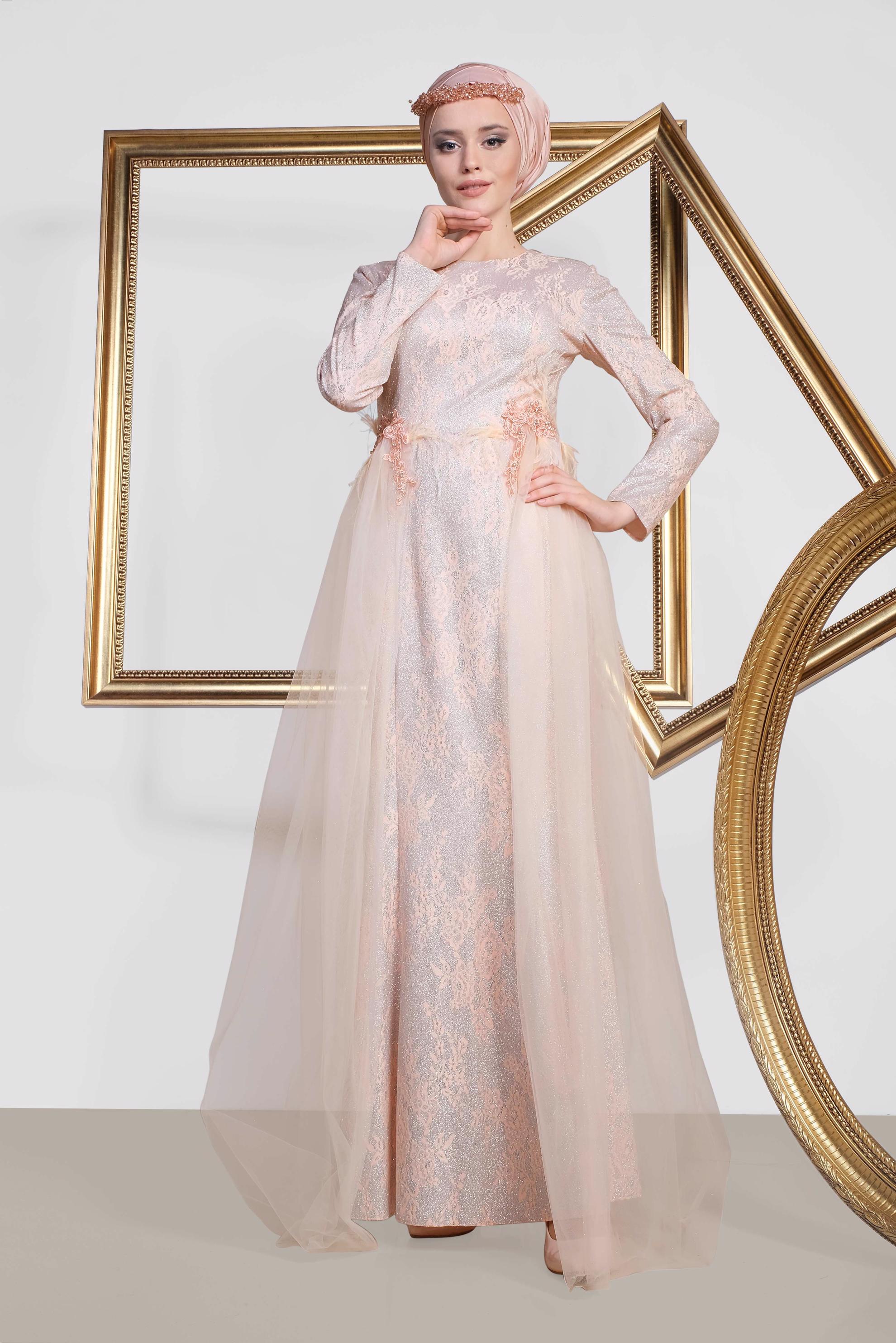 Tesettür giyim PUDRA TÜL DETAYLI ÇİÇEK DESEN SİMLİ ABİYE ELBİSE 5598