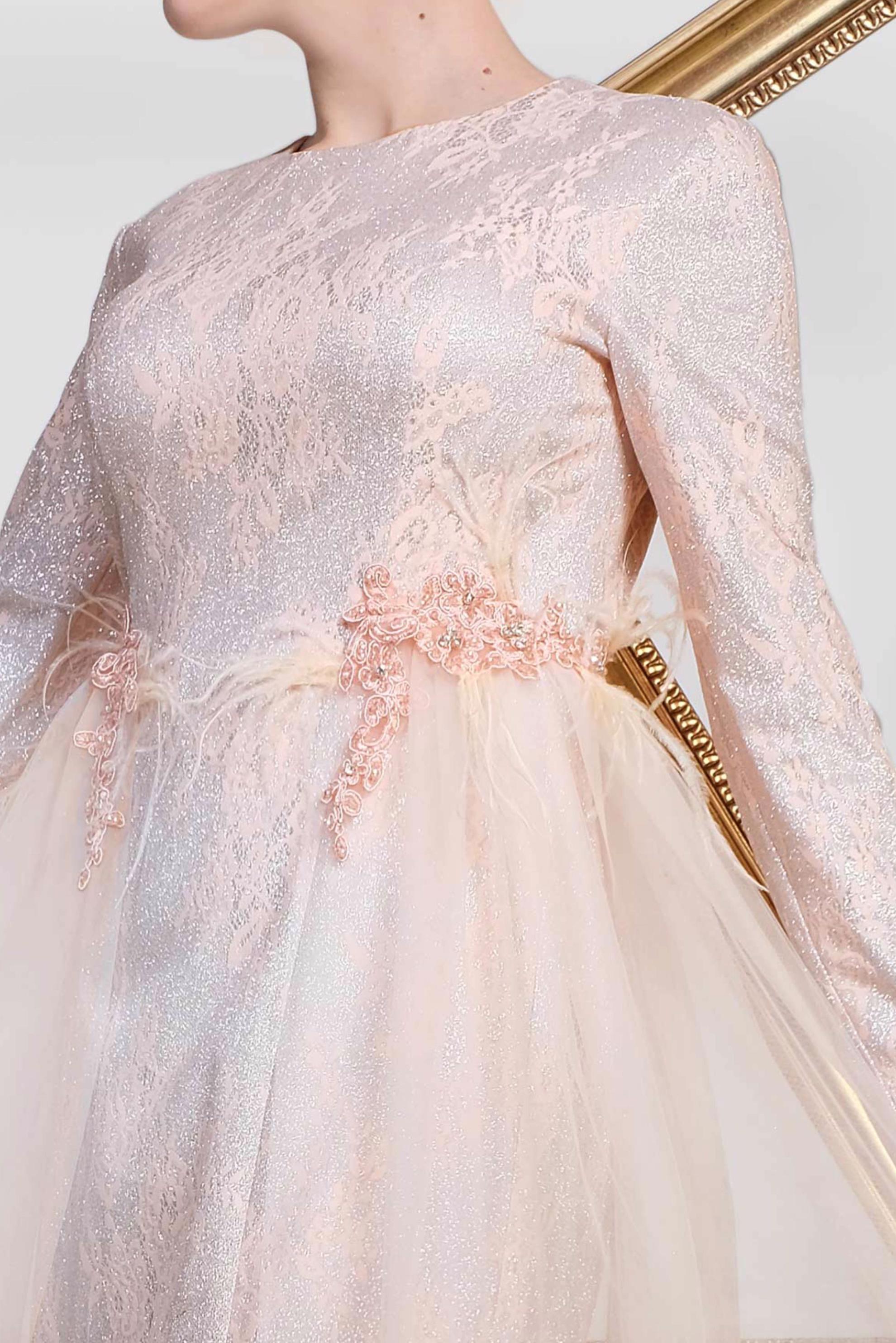 Tesettür giyim PUDRA TÜL DETAYLI ÇİÇEK DESEN SİMLİ ABİYE ELBİSE 5598