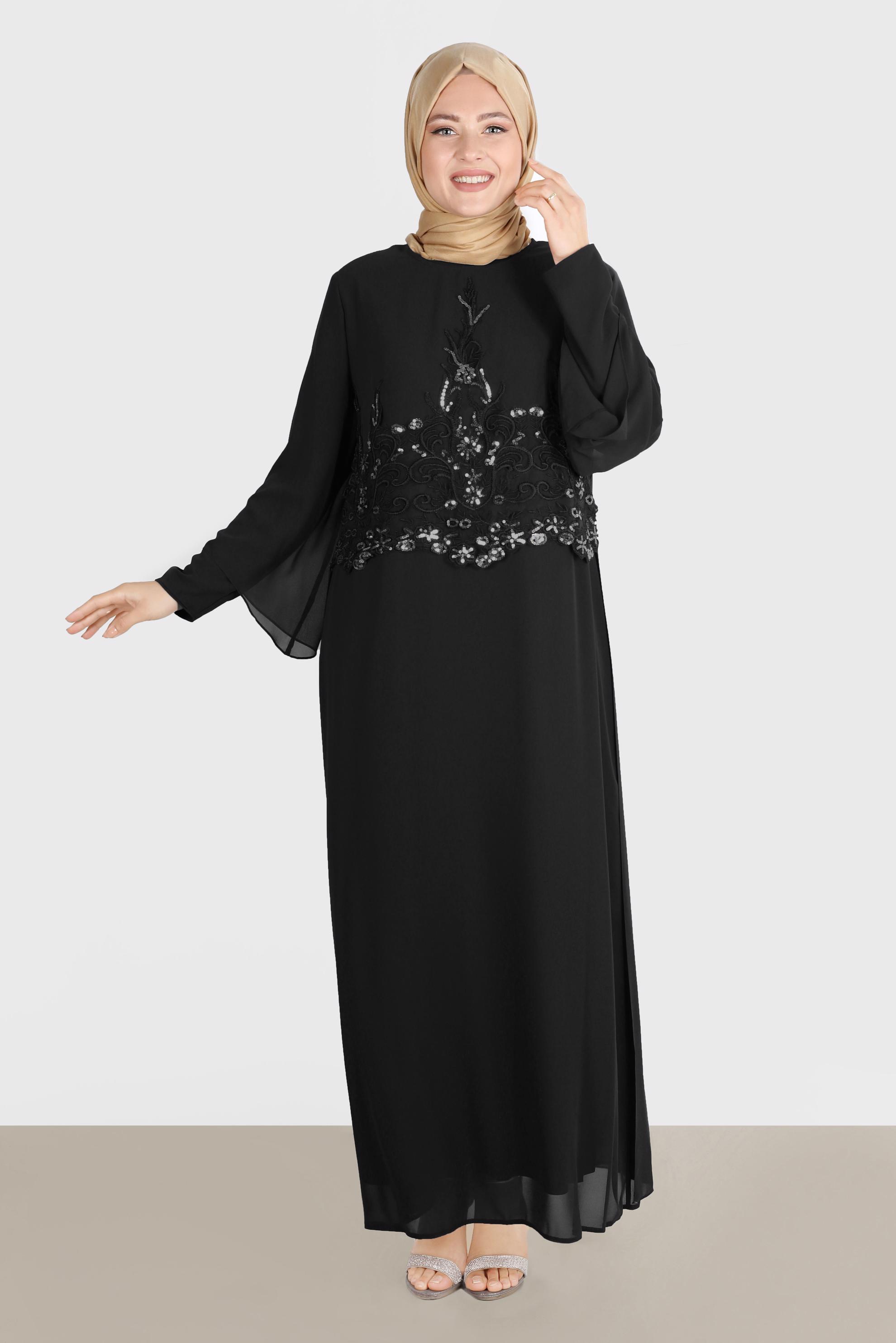 Vêtements hijab NOIR ROBE DE SOIRÉE 2 PIÈCES EN MOUSSELINE À SEQUINS 5600
