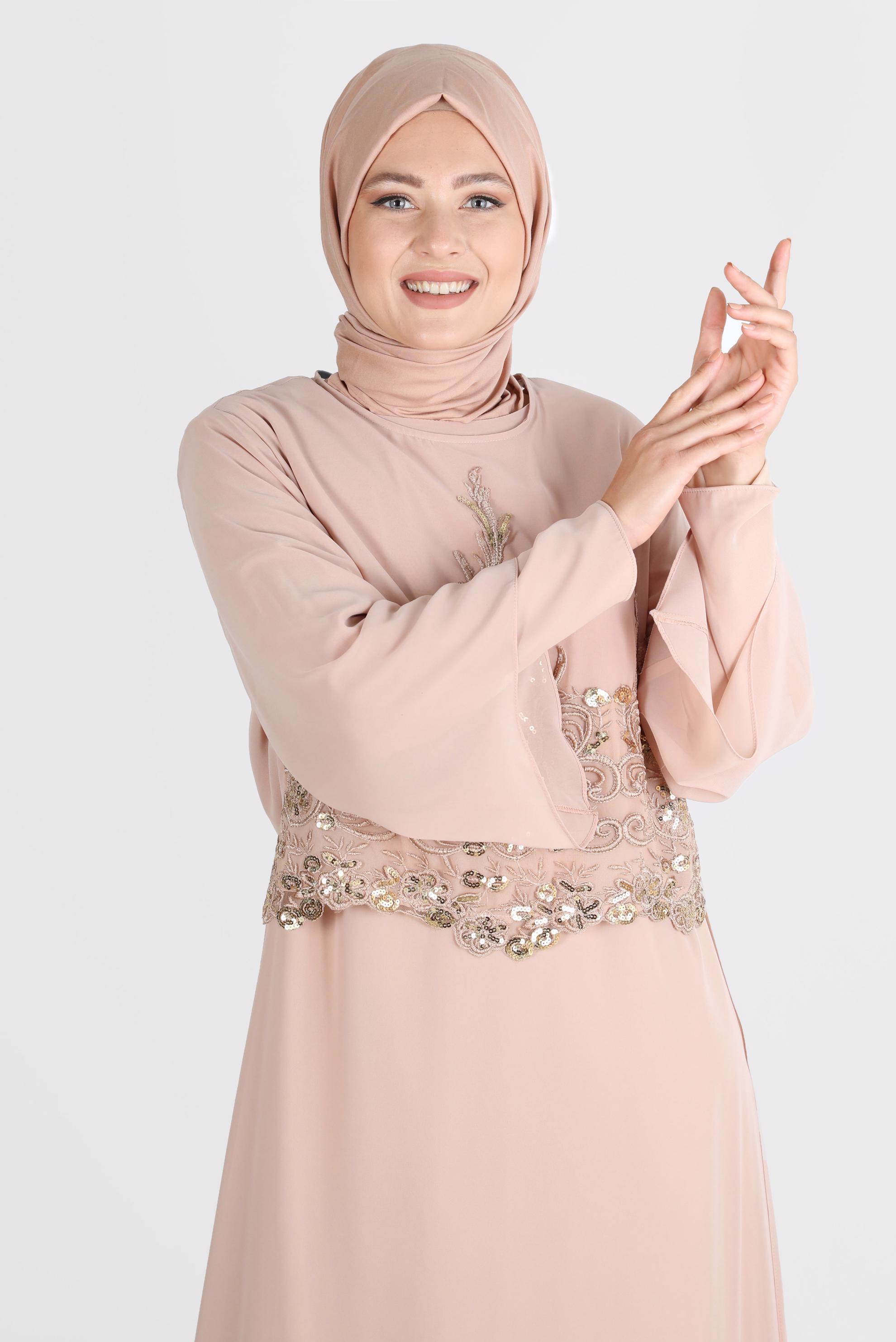 Vêtements hijab BEIGE ROBE DE SOIRÉE 2 PIÈCES EN MOUSSELINE À SEQUINS 5600
