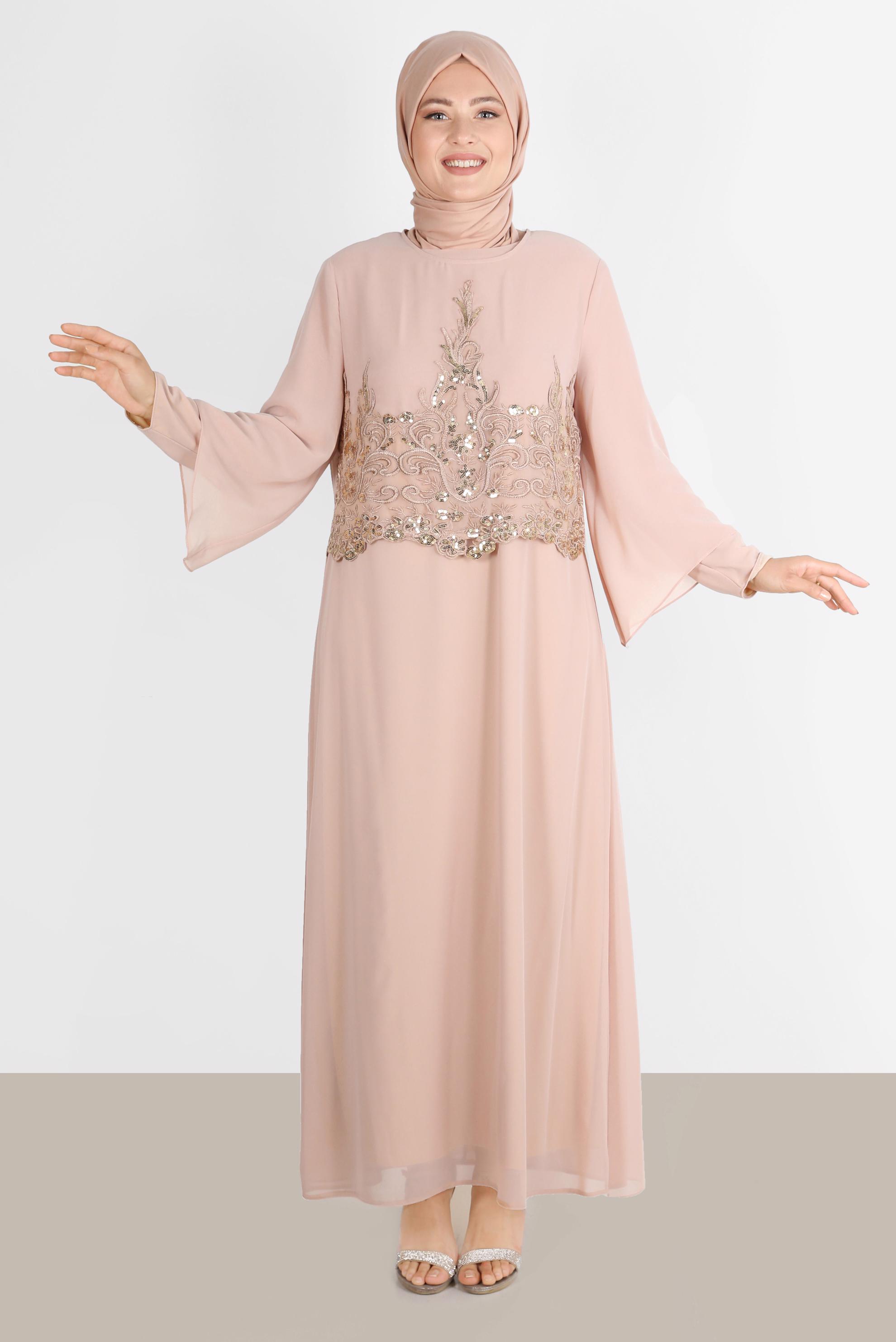 Vêtements hijab BEIGE ROBE DE SOIRÉE 2 PIÈCES EN MOUSSELINE À SEQUINS 5600