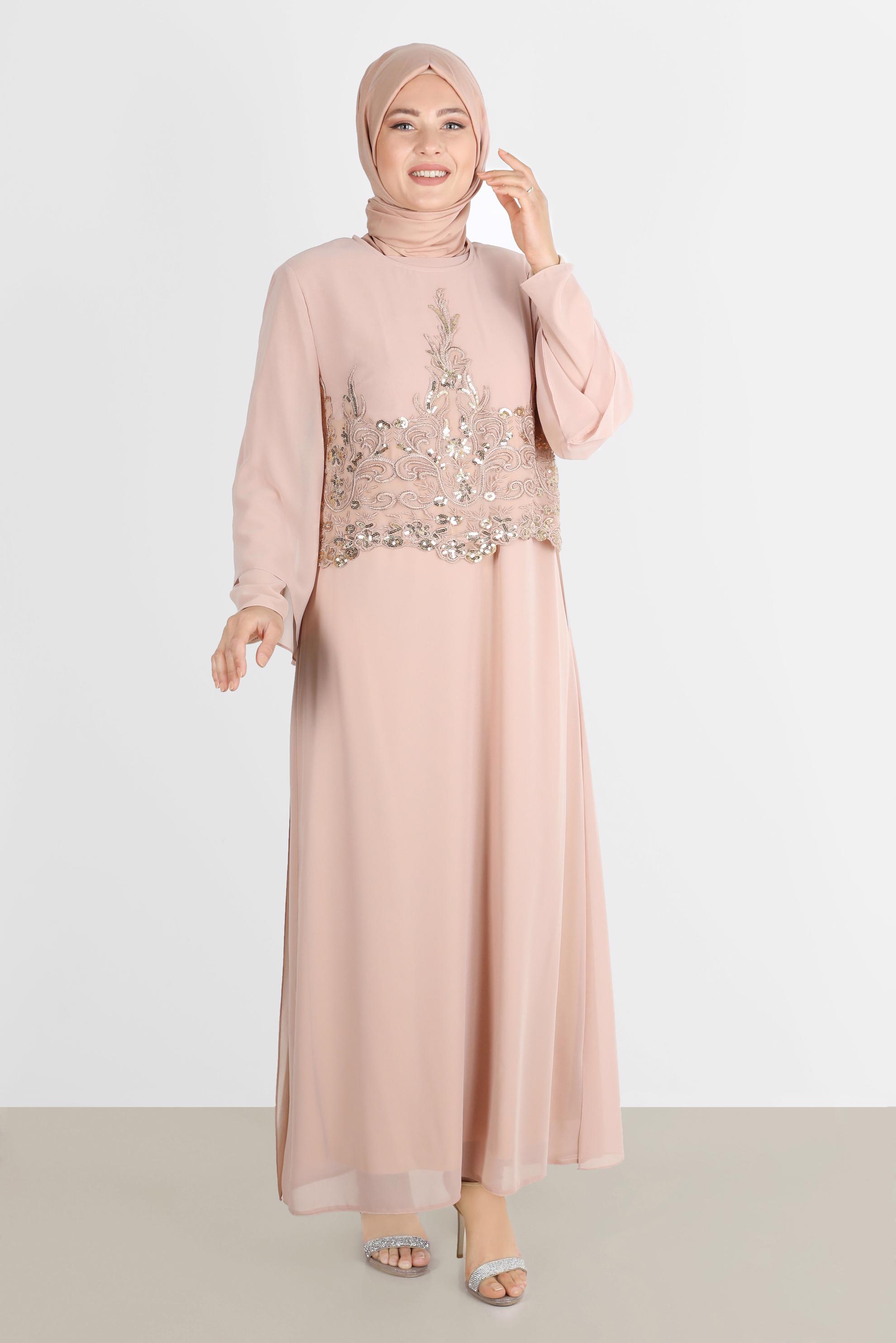 Vêtements hijab BEIGE ROBE DE SOIRÉE 2 PIÈCES EN MOUSSELINE À SEQUINS 5600