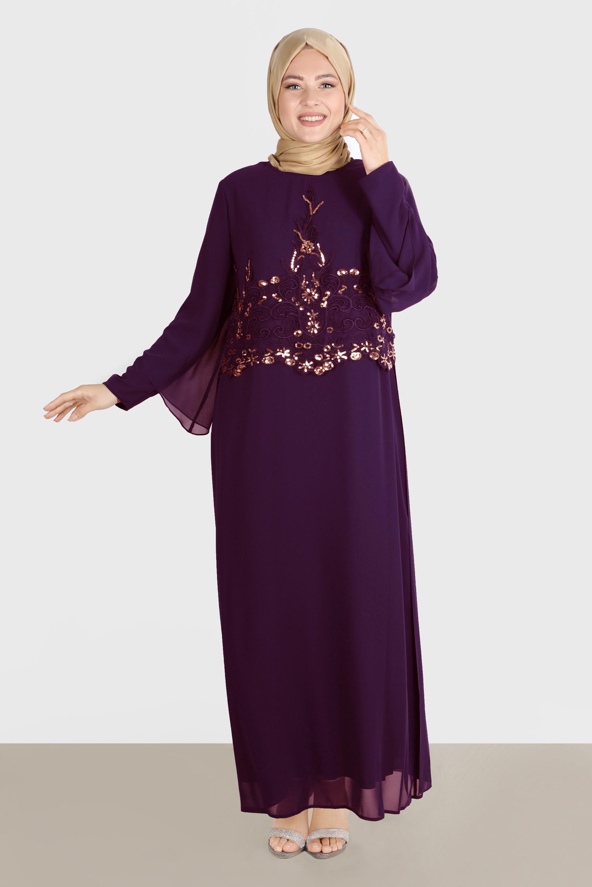 Vêtements hijab PRUNE ROBE DE SOIRÉE 2 PIÈCES EN MOUSSELINE À SEQUINS 5600