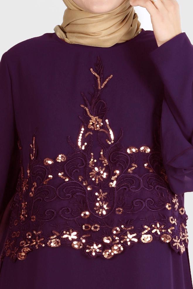 Tesettür giyim MÜRDÜM PUL PAYETLİ ŞİFON İKİLİ ABİYE ELBİSE 5600 - ALVİNA