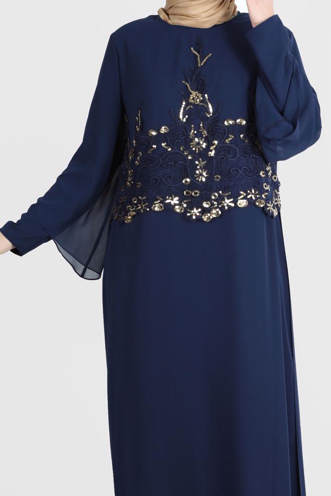 Tesettür giyim LACİVERT PUL PAYETLİ ŞİFON İKİLİ ABİYE ELBİSE 5600 - ALVİNA