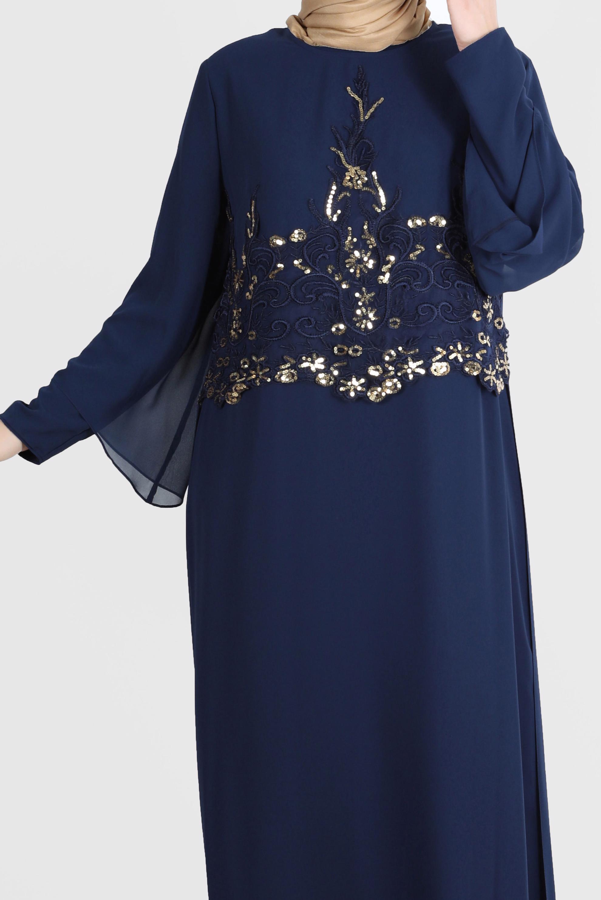 Tesettür giyim LACİVERT PUL PAYETLİ ŞİFON İKİLİ ABİYE ELBİSE 5600