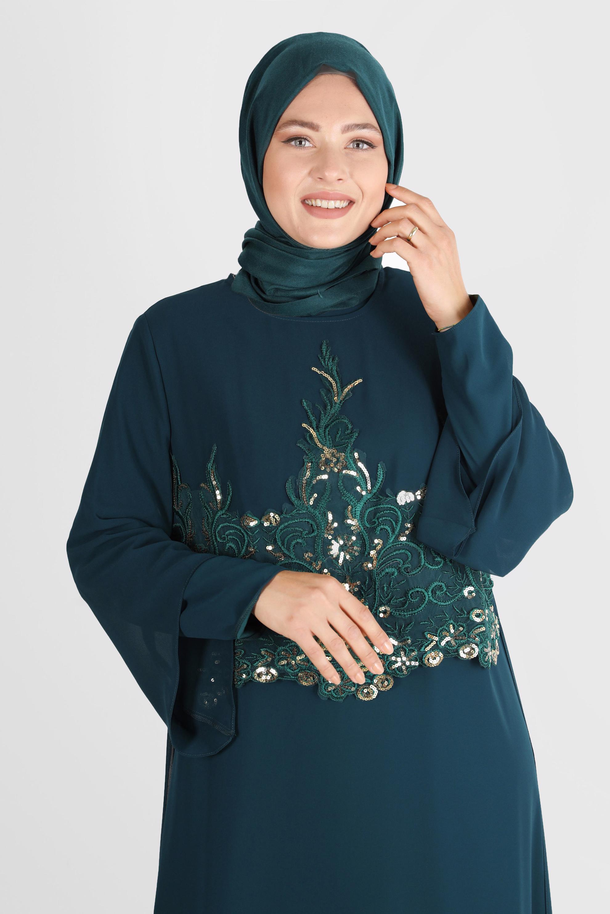 Tesettür giyim YEŞİL PUL PAYETLİ ŞİFON İKİLİ ABİYE ELBİSE 5600