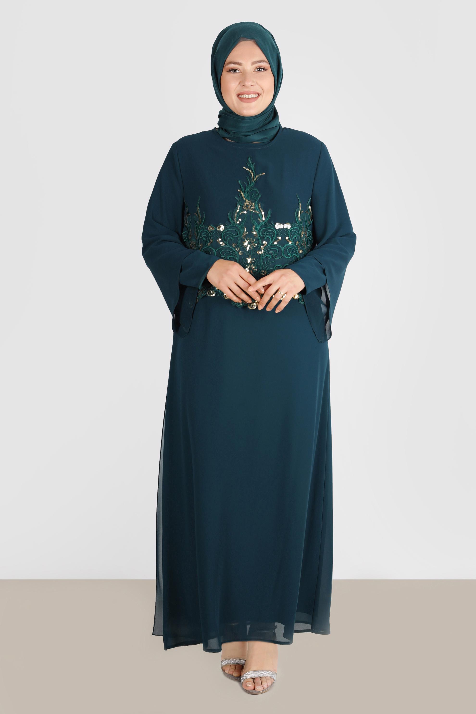 Tesettür giyim YEŞİL PUL PAYETLİ ŞİFON İKİLİ ABİYE ELBİSE 5600