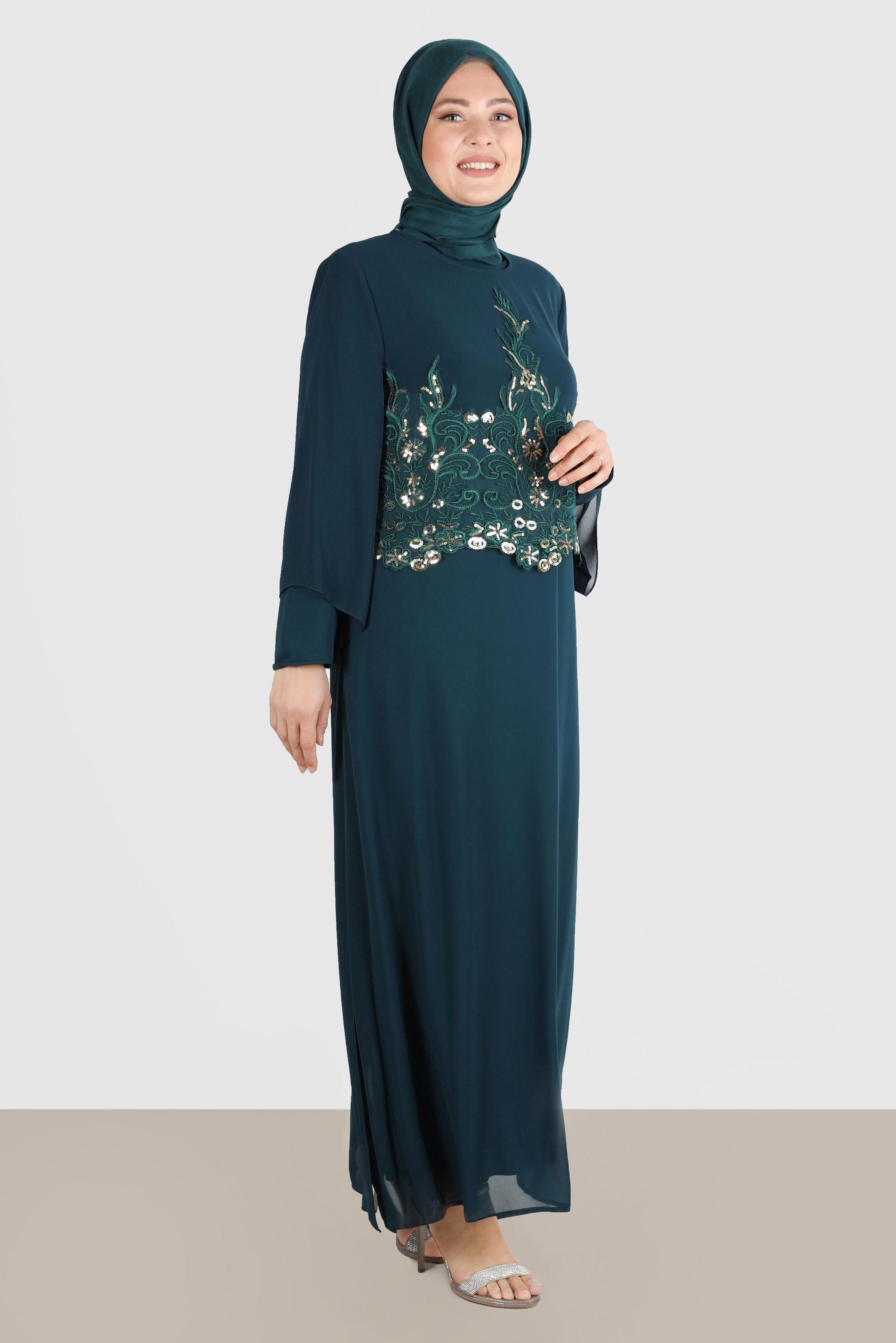 Tesettür giyim YEŞİL PUL PAYETLİ ŞİFON İKİLİ ABİYE ELBİSE 5600