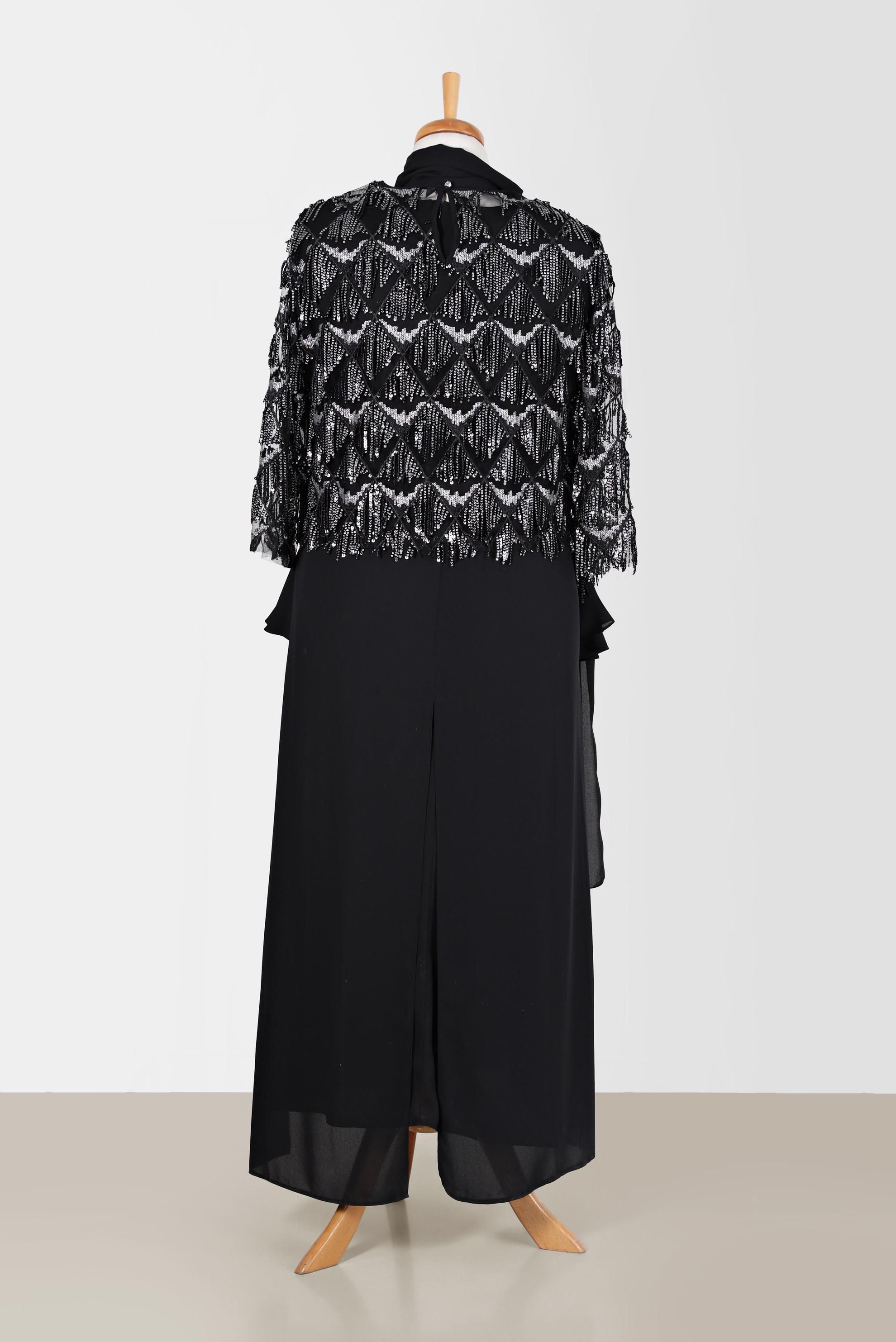 Tesettür giyim SİYAH PUL PAYET SAÇAKLI İKİLİ ELBİSELİ ABİYE 5601	