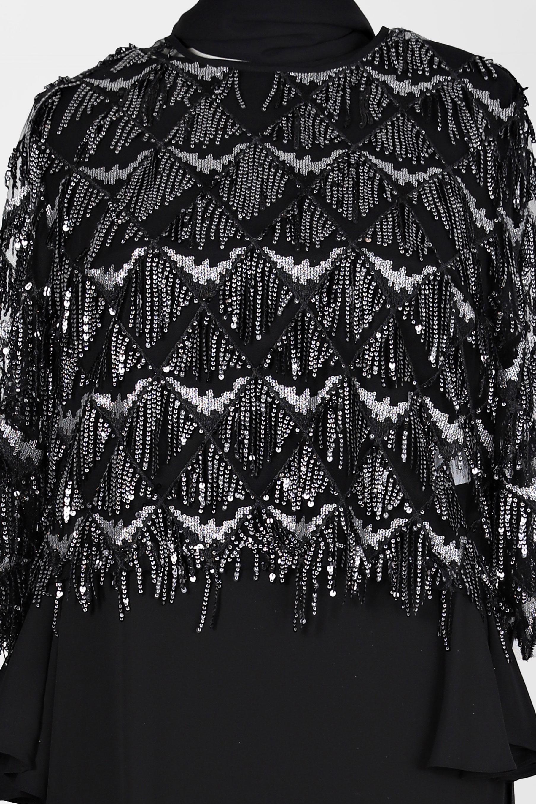 Tesettür giyim SİYAH PUL PAYET SAÇAKLI İKİLİ ELBİSELİ ABİYE 5601	