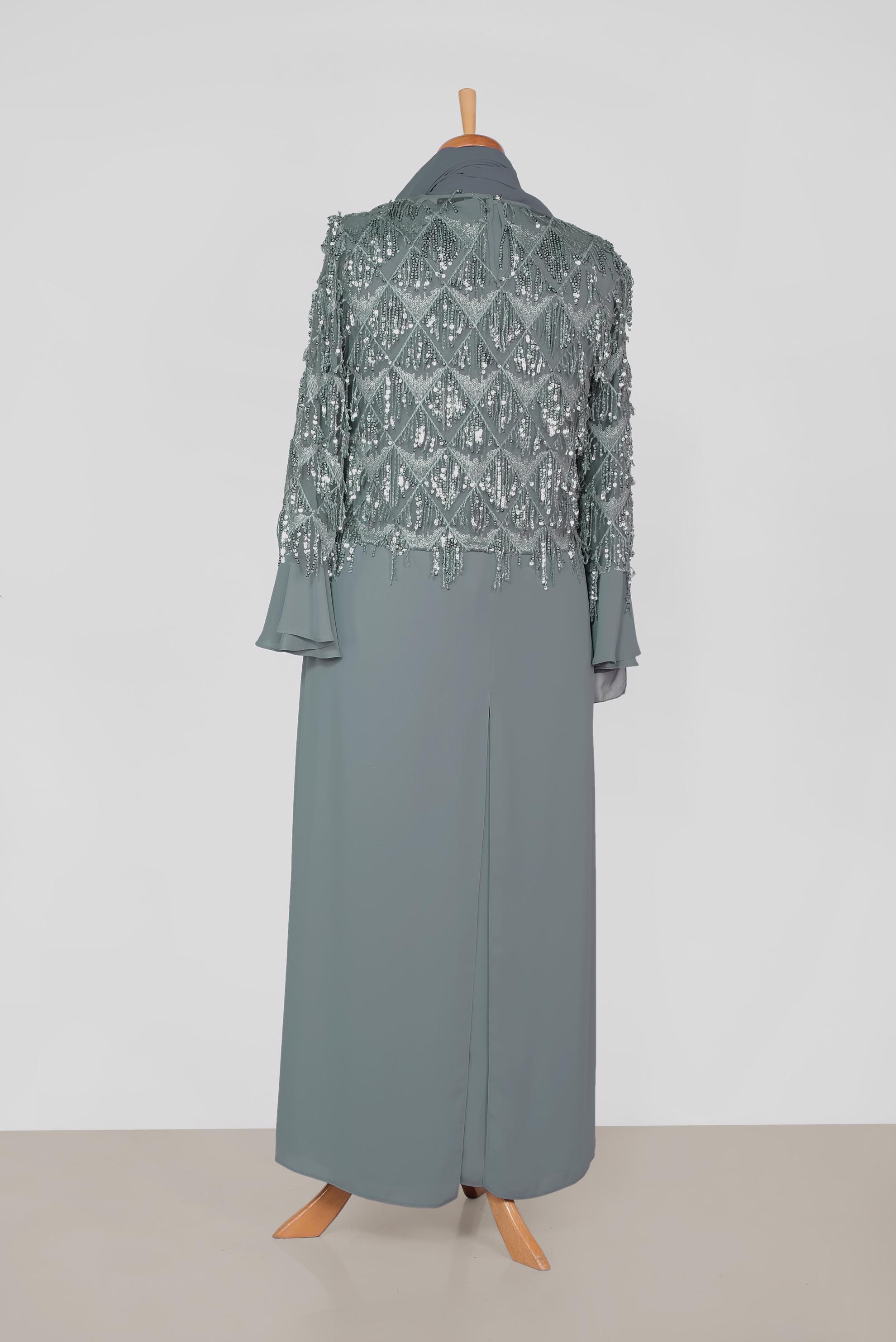 Tesettür giyim GRİ PUL PAYET SAÇAKLI İKİLİ ELBİSELİ ABİYE 5601	