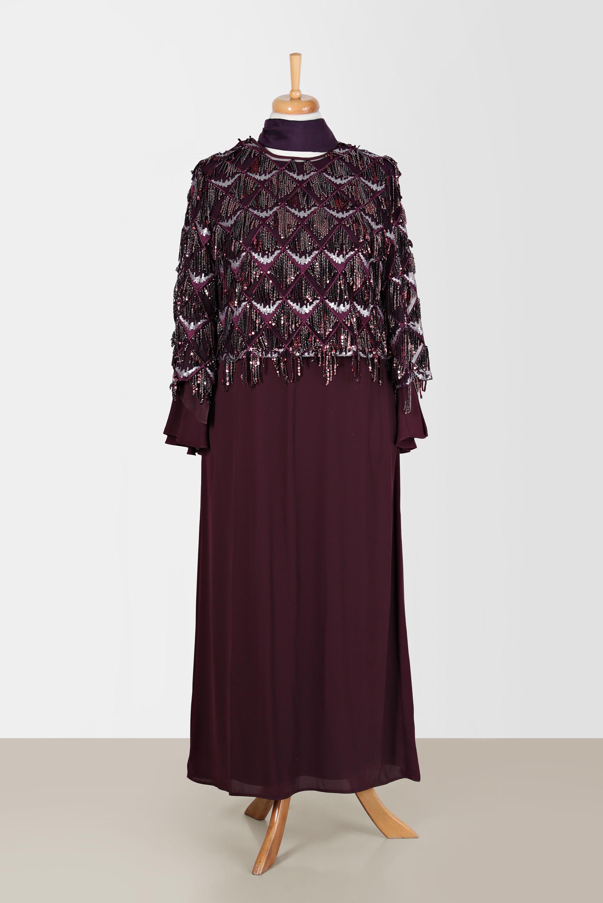 Tesettür giyim MÜRDÜM PUL PAYET SAÇAKLI İKİLİ ELBİSELİ ABİYE 5601	