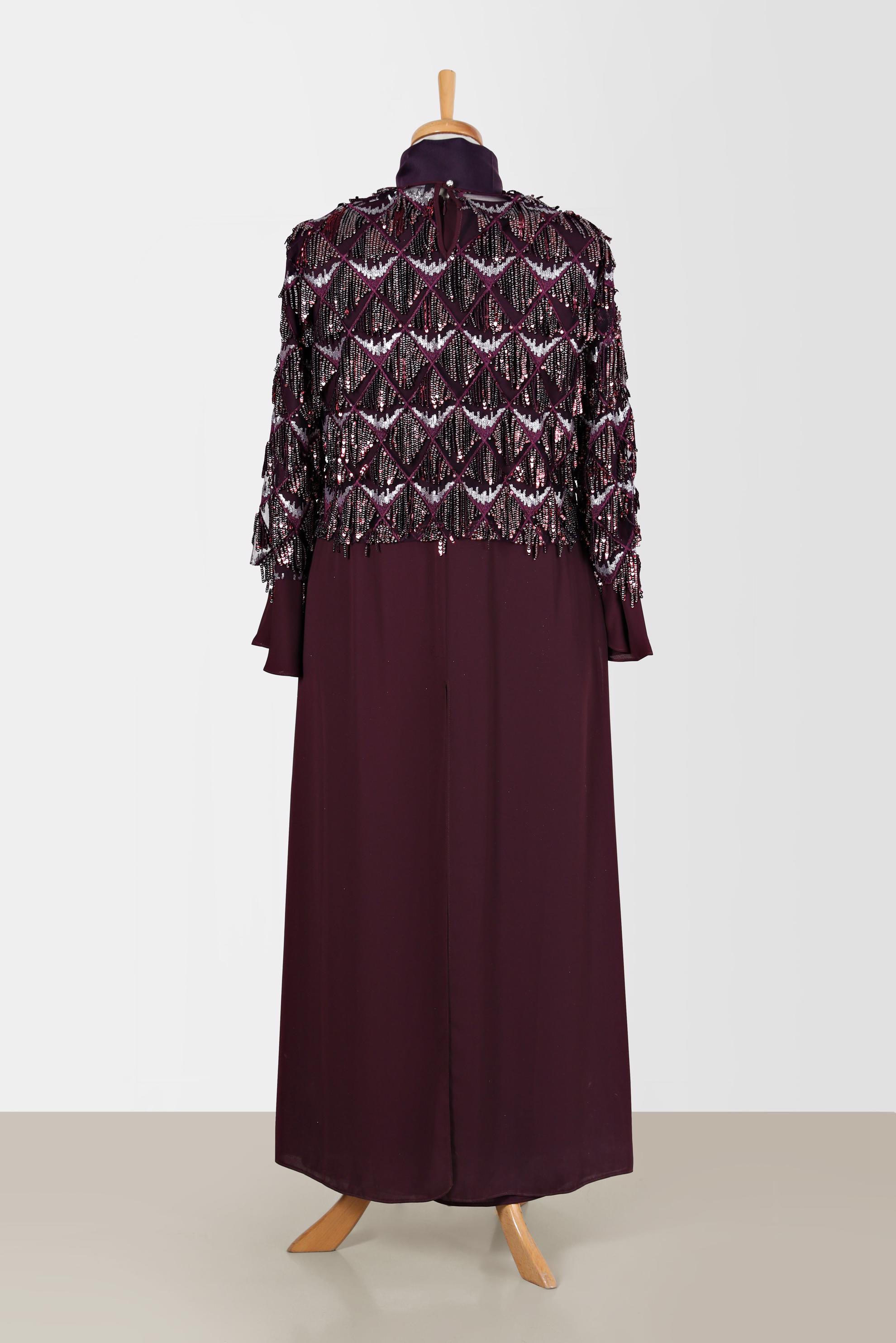 Tesettür giyim MÜRDÜM PUL PAYET SAÇAKLI İKİLİ ELBİSELİ ABİYE 5601	