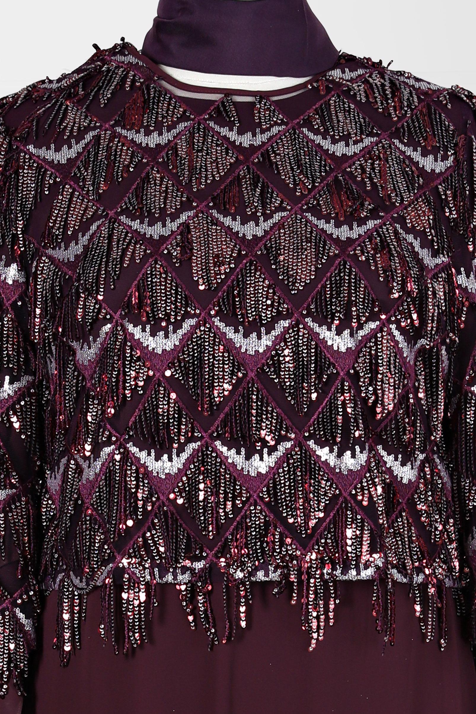 Tesettür giyim MÜRDÜM PUL PAYET SAÇAKLI İKİLİ ELBİSELİ ABİYE 5601	